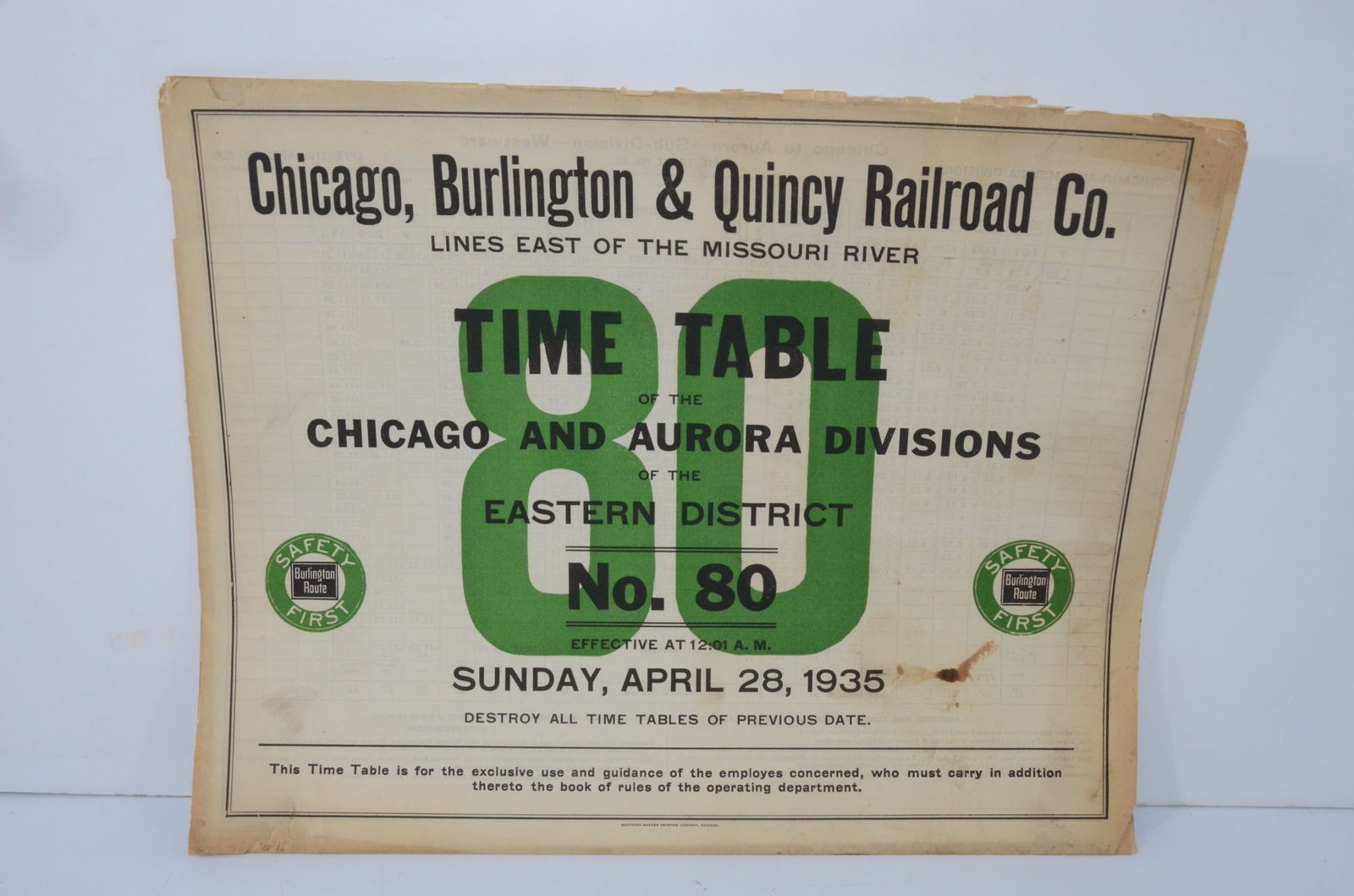 Chicago Burlington and Quincy RR Employee Timetable #80 4/28/1935 (1 of 3)