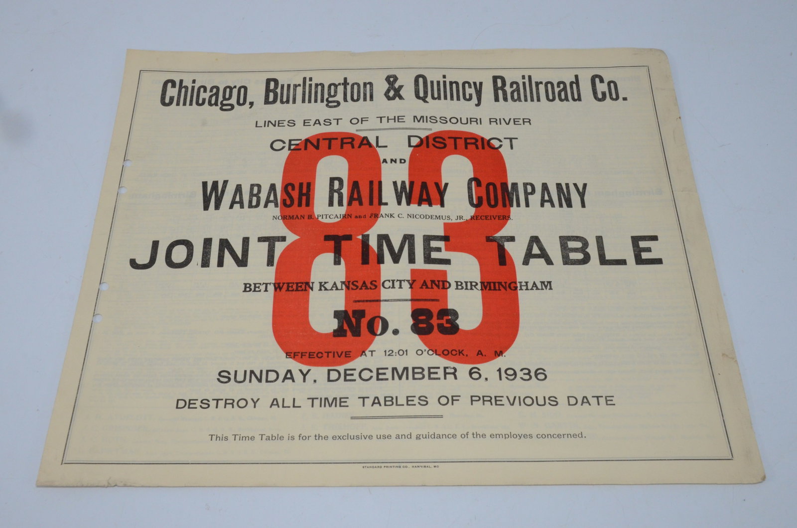 Chicago Burlington and Quincy RR Employee Timetable #83 12/6/1936: This is a Chicago Burlington and Quincy Railroad employee timetable #83, for the Central District, dated December 6, 1936, and is a joint timetable with the Wabash Railway. This is a horse blanket sty