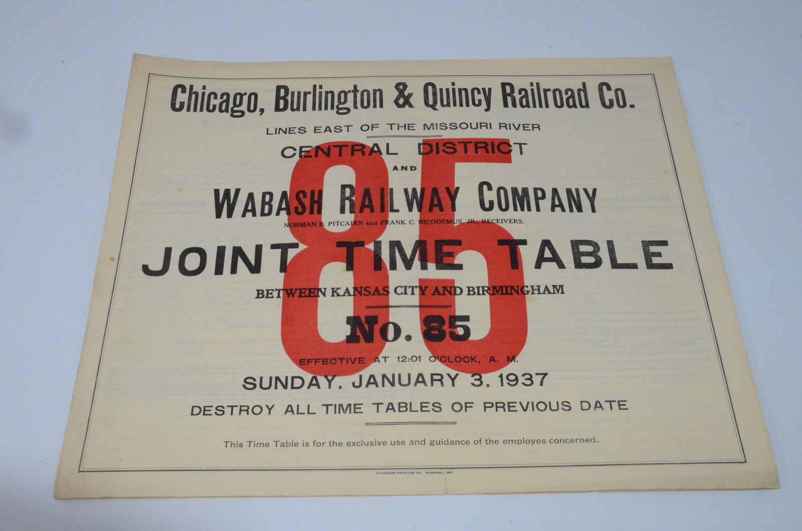 Chicago Burlington and Quincy RR Employee Timetable #85, 1/3/1937 (1 of 3)