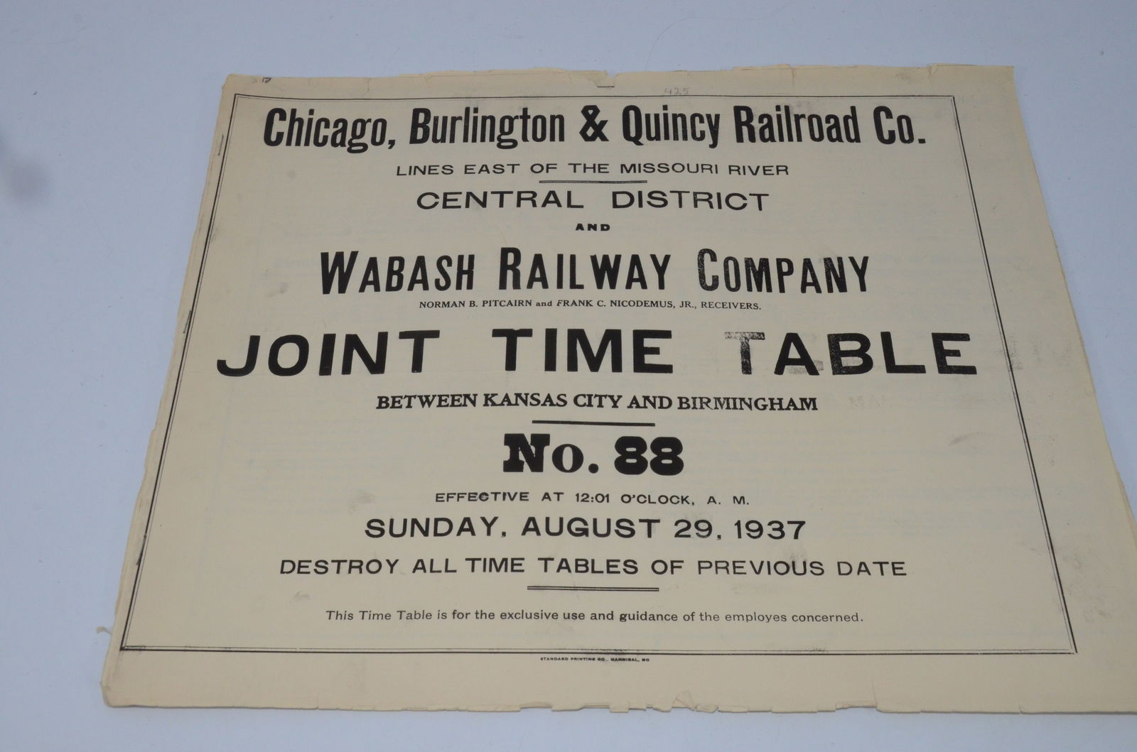 Chicago Burlington and Quincy RR Employee Timetable #88, 8/29/1937 (1 of 3)