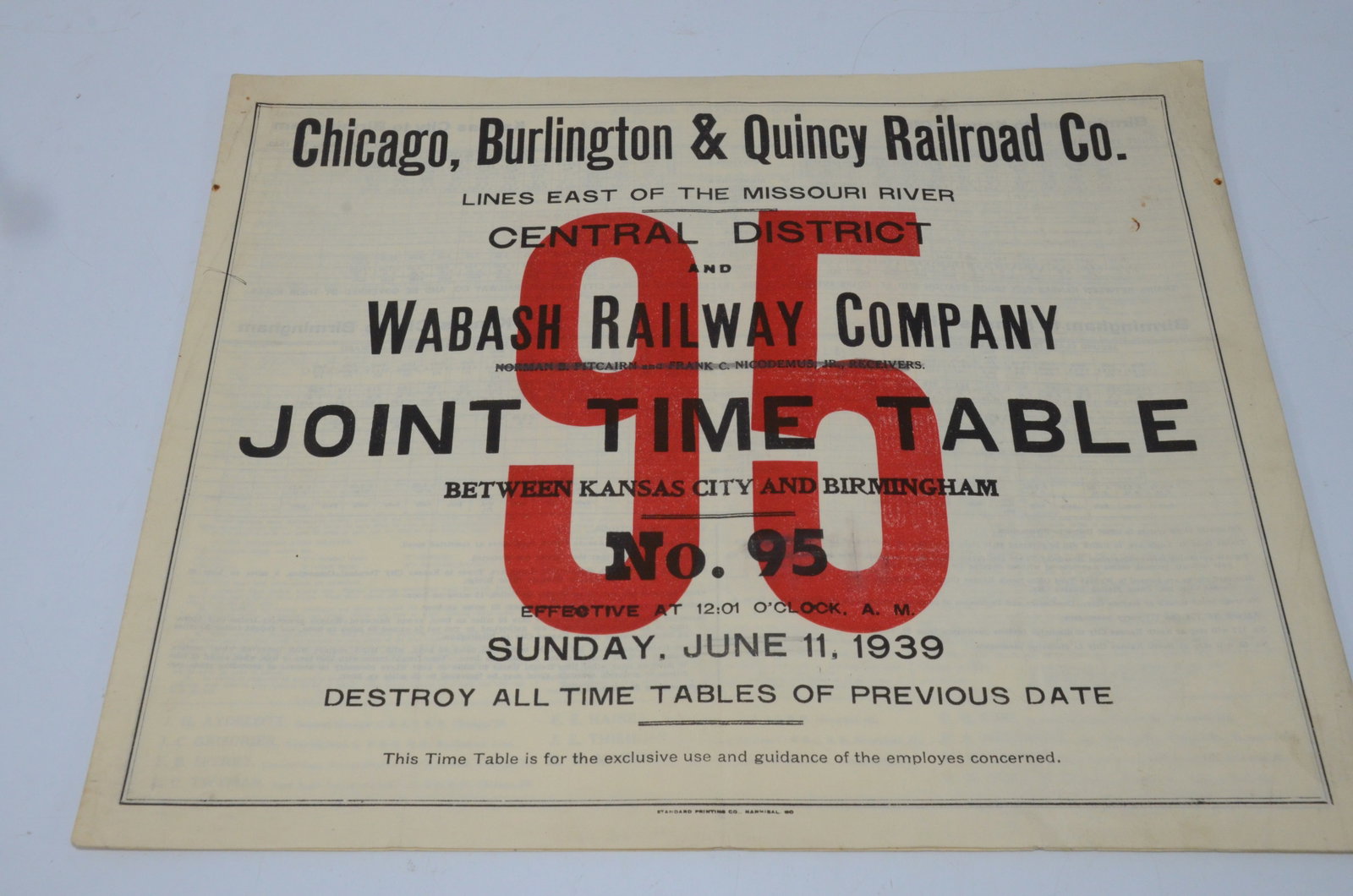 Chicago Burlington and Quincy RR Employee Timetable #95 6/11/1939: This is a Chicago Burlington and Quincy Railroad employee timetable #95, for the Central District, dated June 11, 1939, and is a joint timetable with the Wabash Railway. This is a horse blanket style 
