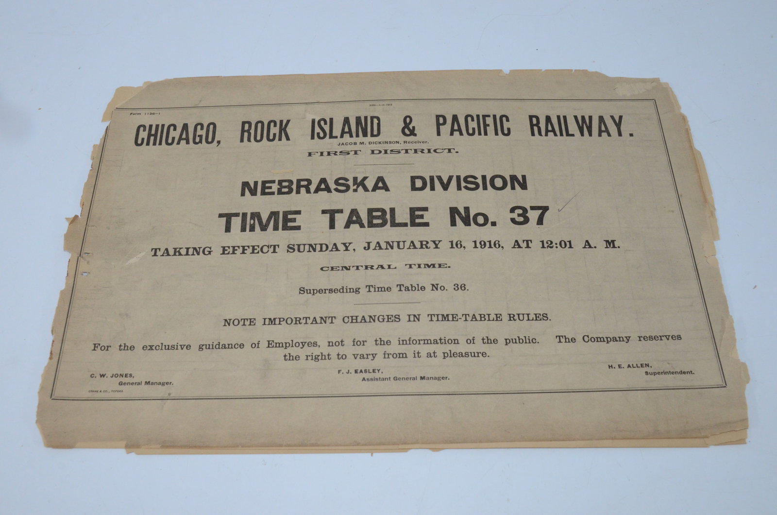 Chicago Rock Island and Pacific RR Employee Timetable #37, 1/16/1916 (1 of 3)