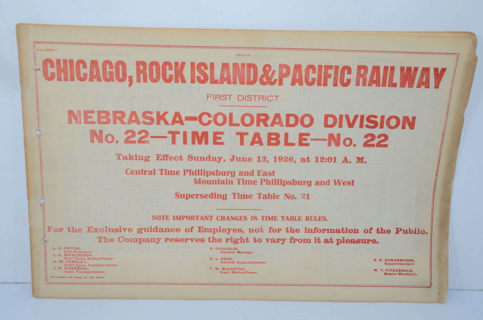 Chicago Rock Island and Pacific RY Employee Timetable #22-6/13/1926 (1 of 3)
