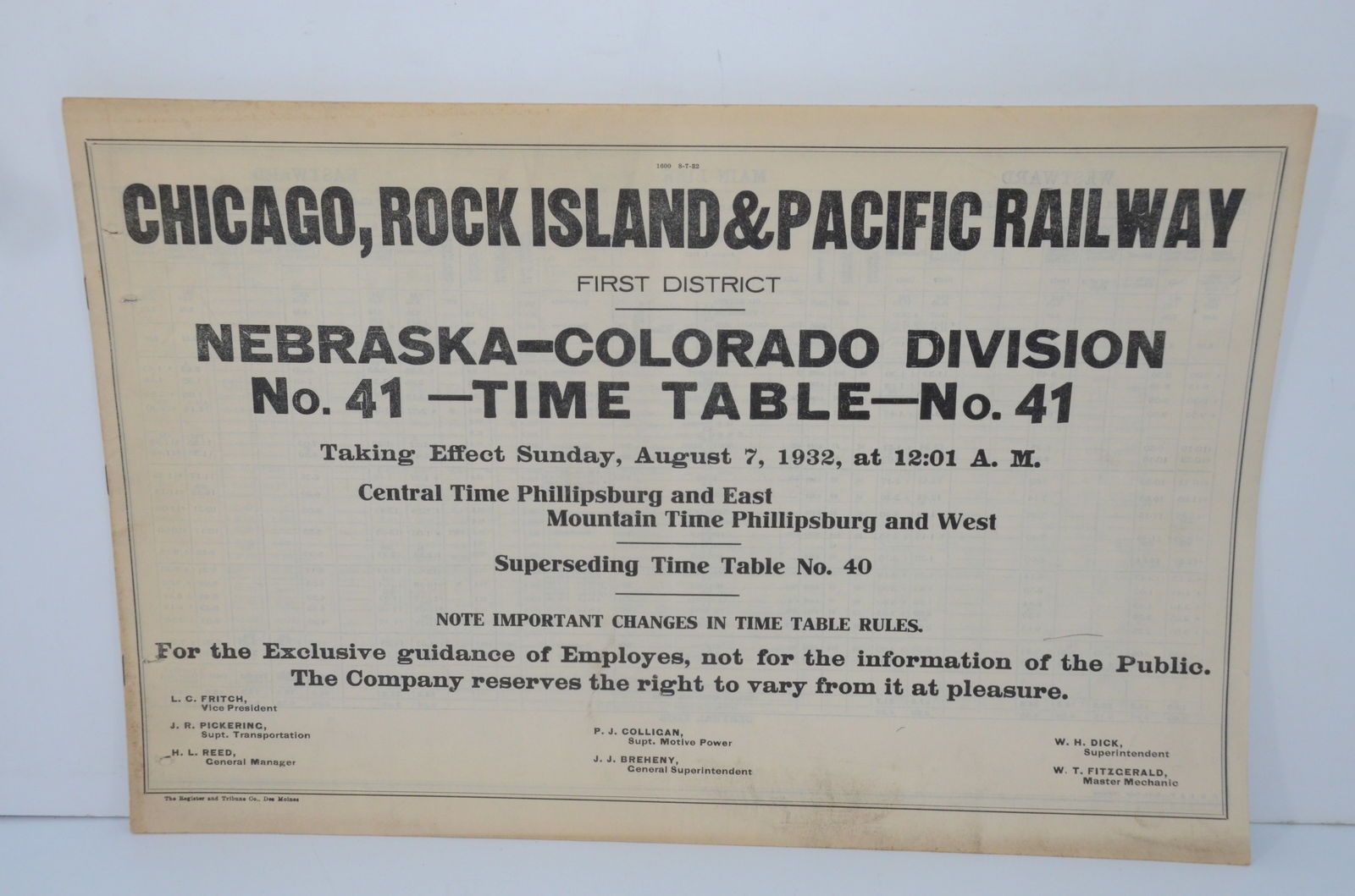 Chicago Rock Island and Pacific RY Employee Timetable #41-8/7/1932 (1 of 3)