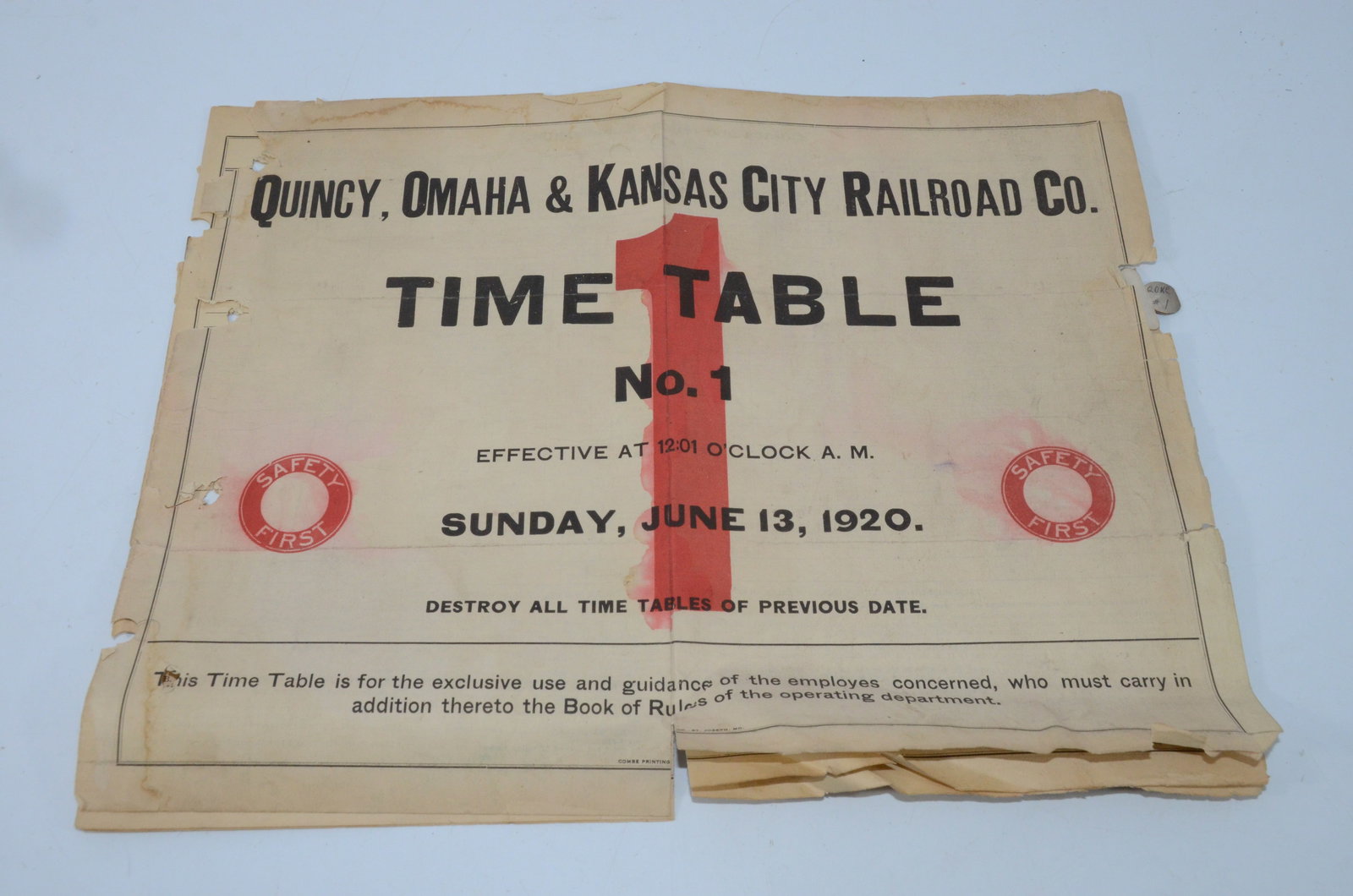 Quincy Omaha and Kansas City RR Employee Timetable #1, 6/13/1920 (1 of 3)