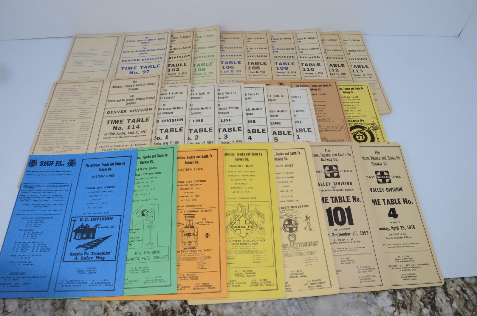 Santa Fe RR-46 Employee Timetables: This is a lot of 46 employee timetables from the Atchison Topeka and Santa Fe Railroad. They include all of the following: ATSF/DRGW Denver Division:#97 5/31/1953 (2); #102 1/16/1955; #105 10/30/1955;