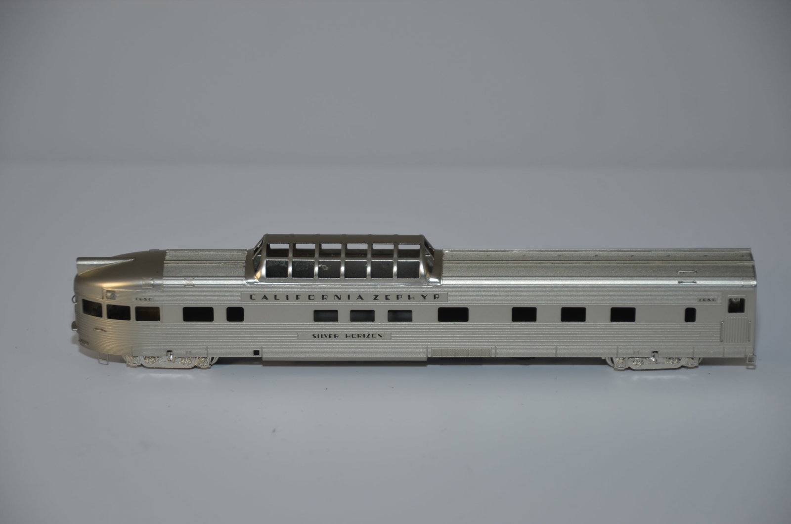 California Zephyr Dome/Sleeper/Obs Car SILVER HORIZON-Oriental Ltd Brass Models-N Scale: This is a California Zephyr dome/sleeper/observation car SILVER HORIZON #375, in N scale. New in the original box. Made by KMT in Japan and distributed by Oriental Limited Brass Models.