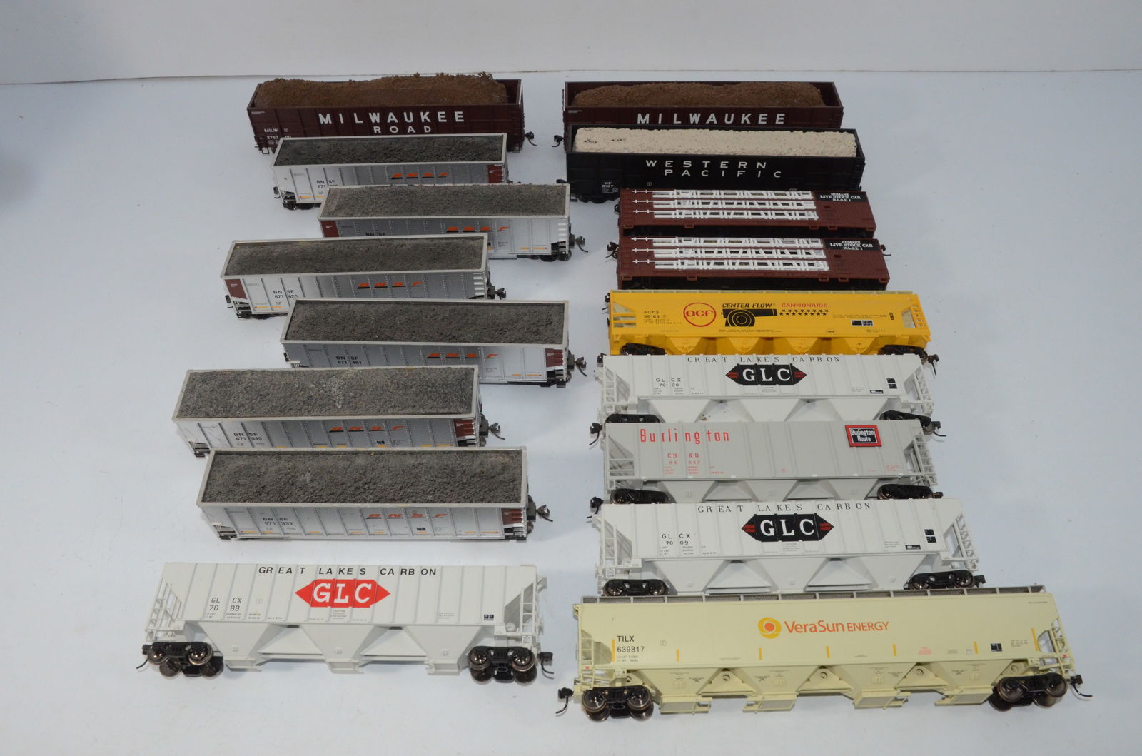 Six BNSF Bethgons; 9 Other Hopper Cars, 2 Stock Cars-HO Scale (1 of 3)