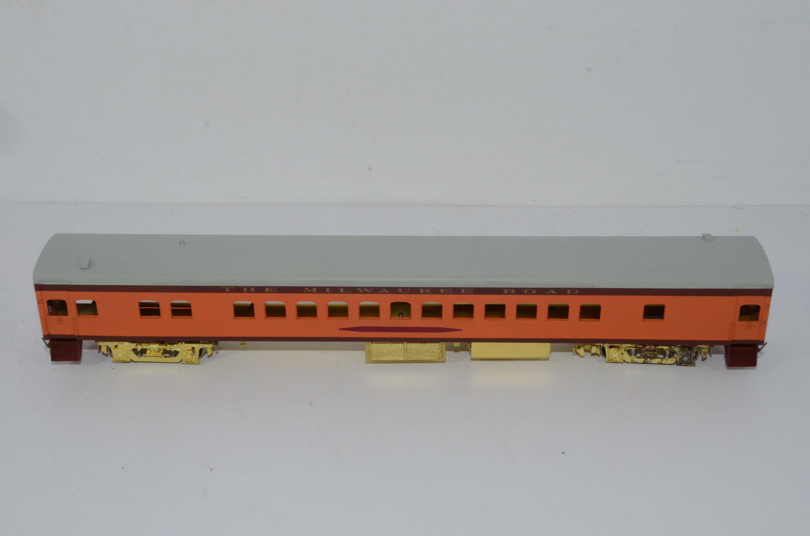 Milwaukee Road RR Luxury Day Coach-Overland Brass Models-HO Scale: This is a Milwaukee Road Railroad brass luxury day coach in HO scale. Modeled after car numbers 4401-4421, 4423-4430, and 4432-4440. Manufactured by Ajin Precision in Korea and distributed by Overland