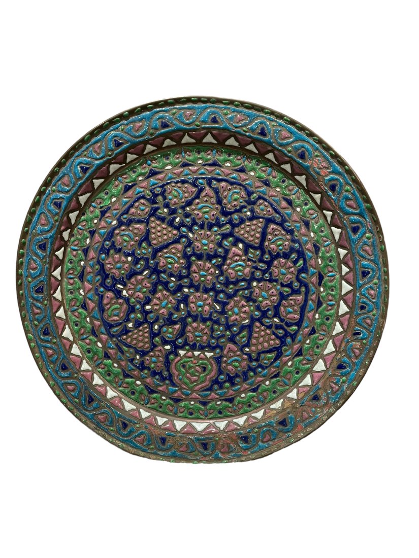 Antique Decorative Damascene Syrian Enamel Plate Late 19th Century (1 of 3)