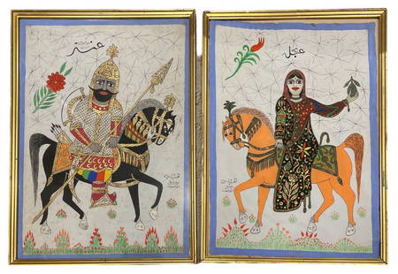 Large Antique Pair of Syrian Antarah and Ablah Framed Oil Paintings signed Circa 1930: Large Antique Pair of Syrian Antarah and Ablah. Each painting is set within a plain grooved gold gilt wood frame. Medium: Oil. Signed by Abu Habib Damascus. Circa 1930. Note: no frame glass in one pai