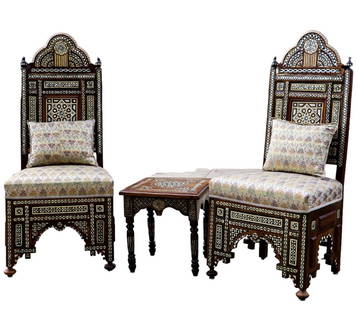 Antique Pair of Syrian Mother of Pearl Inlay Chairs and Small Table Early 20th Century: Antique pair of Syrian Chairs and small table with Mother of Pearl inlay. Seats are sumptuously upholstered in silk brocade with trim and matching cushions. Chair Sizes: H 120 cms x W 43 cms x D 45 cm