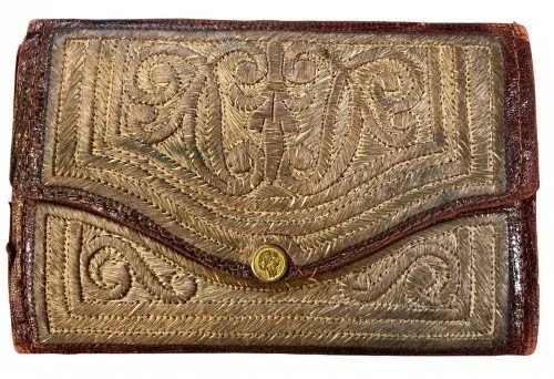 Antique Turkish Ottoman Leather Wallet with Silver Brocade Early 18th Century: Antique Turkish Ottoman Leather Wallet with Silver Brocade Early 18th Century. Size: 16 cms x 12 cms ( 6.5 ins x 4.5 ins ). FREE PACKING AND SHIPPING UK/Worldwide for any quantity of Sold items listed