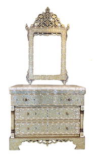 Large Antique Syrian Mother of Pearl Inlaid Chest of Drawers and Mirror Circa 1925: Large Antique Syrian Mother of Pearl Inlaid Chest of Drawers With Matching Mirror. First Quarter of 20th Century. Mirror Size: 82 cms x 130 cms ( 30.2 ins x 51.2 ins ). Drawers Size: W107 cms x D50 cm