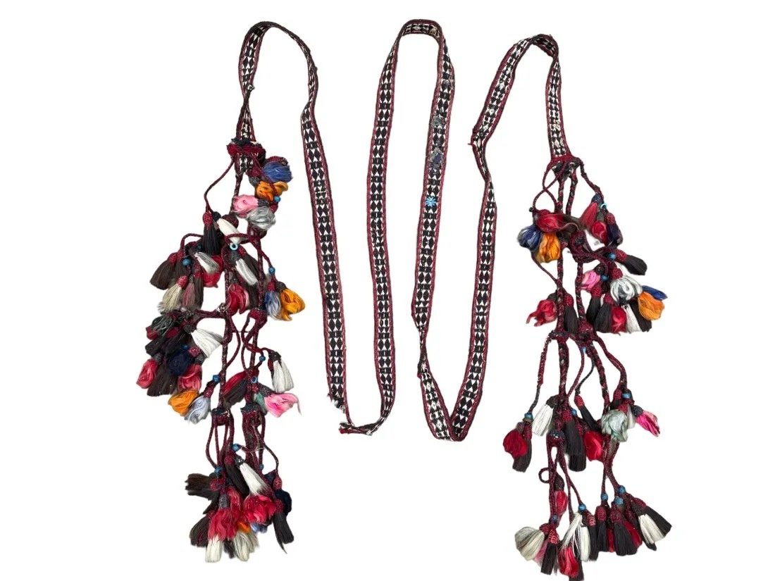 Antique Middle East Bedouin Horse Decoration, Horse Hair and Fine Wool, Circa 1910: Antique Middle East Beduin Horse Decoration. Woven with horse hair and very fine wool, with bead, tassel and embroidery decoration. Circa 1910. Note: minor damage - see images. Size-Length: 420 cms (1