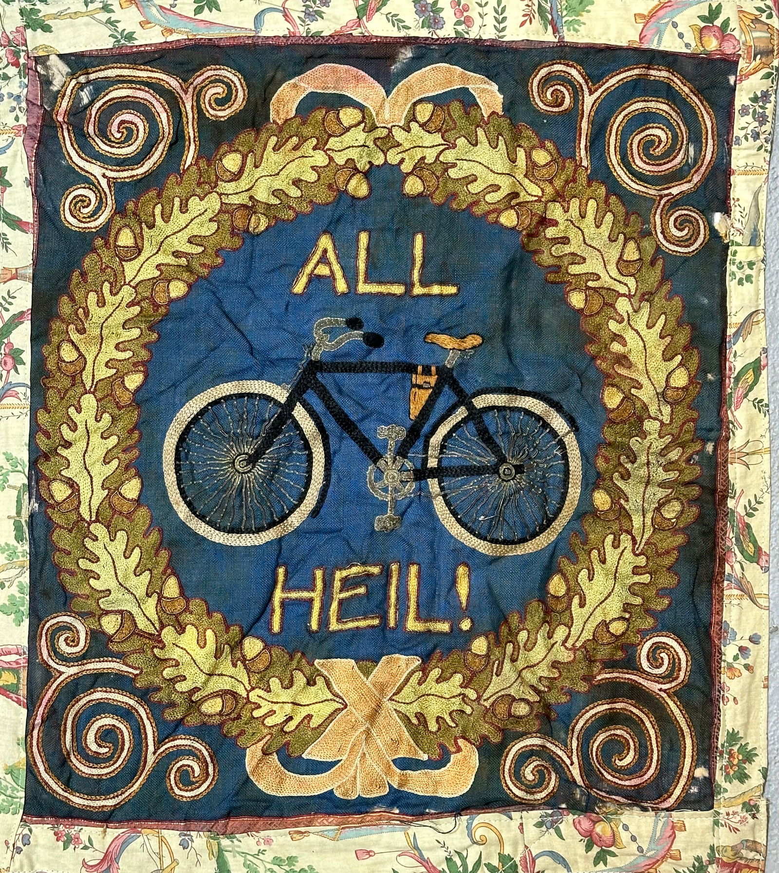 Antique Victorian German Silk Embroidery with Applique, Mid 19th Century: Antique Victorian German Silk Embroidery with Applique. All Heil translates as: All is Well. Mid 19th Century. Size: 51 cms x 20 cms (45 ins x 17 ins). FREE PACKING AND SHIPPING UK/Worldwide for any q