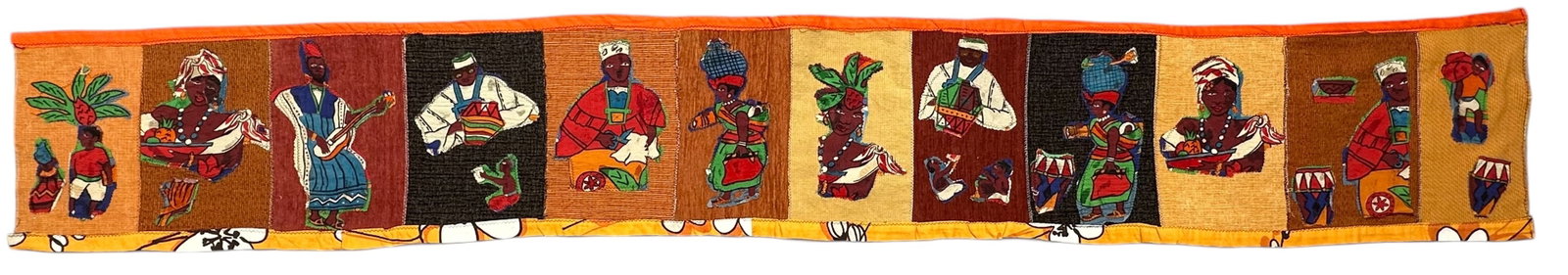 Vintage African Applique Embroidered Pictorial Textile, Mid 20th Century: Vintage African Applique Embroidered Pictorial Textile Wall Hanging. Featuring a series of vibrant and colourful, hand-stitched panels depicting various characters engaged in daily activities such as 