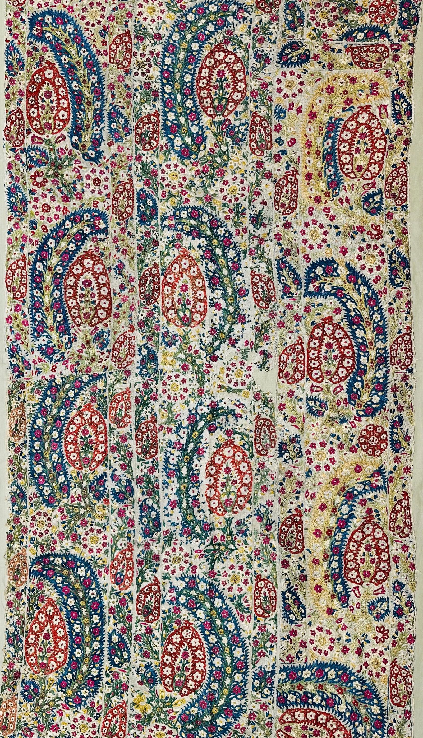 Large Antique Greek, Epirus Yaninna Silk Embroidered Bedspread Fragment, Early 18th Century: Large Antique Ottoman Greek, Epirus, Yaninna, Bedspread Fragment. Silk Embroidery on a cotton linen backing. Early 18th Century. See similar item at Cleveland Museum of Art. Size: 205 cms x 109 cms (8