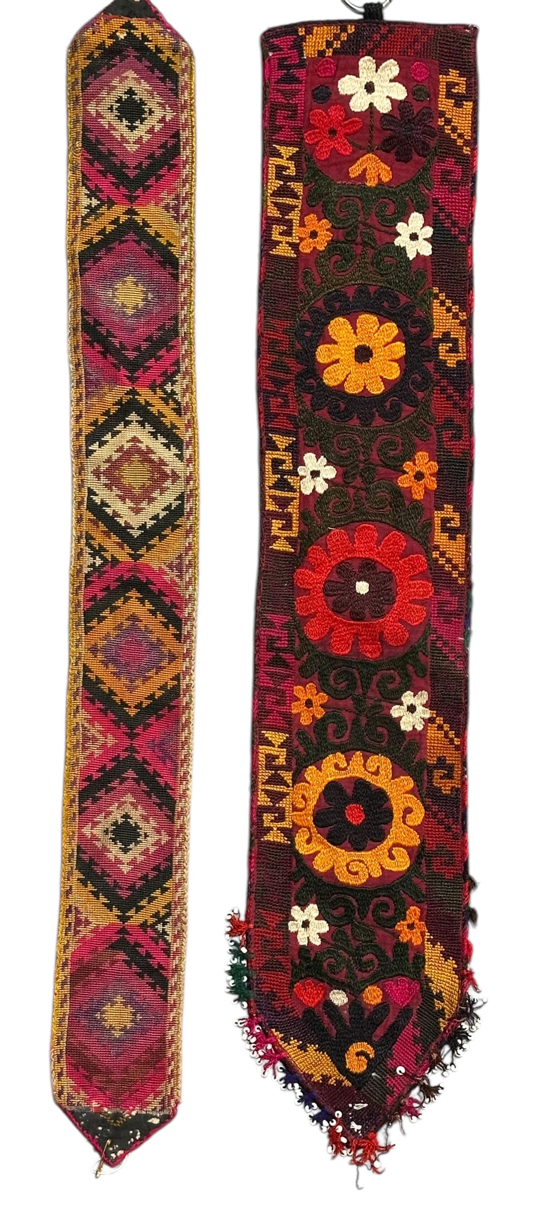 Two Fine Antique Lakai Cross-Stitched Embroidered Silk Belts, Uzbekistan, Late 19th Century: Two fine Antique Lakai cross-stitched embroidered silk belts in natural dyes. The cross stitch is a highly prized stitch because of how time consuming it is to do. A repeating palmette design running
