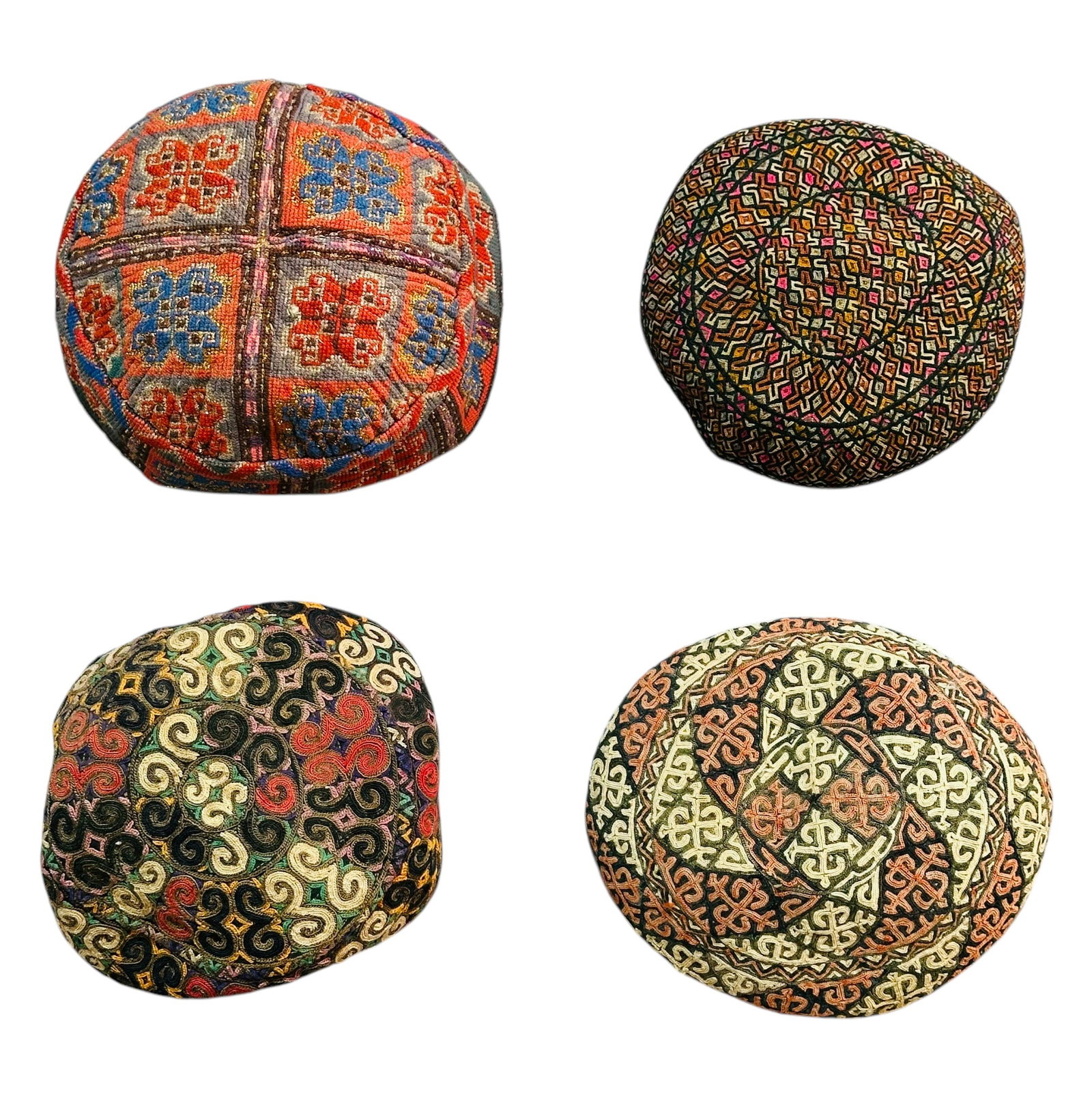 Four Antique Silk Cross Stitched Embroidered Lakai Hats, End Of 19th Century: Four antique small Silk cross-stitched embroidered Lakai hats in rich colours. Fine decorative details, with striking cross stitch patterns in good condition. Cross stitching is highly prized because