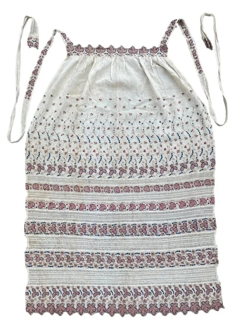 Antique Rare Ottoman Greek Islands Silk Embroidered Apron With Ties, Circa 1880: Antique Rare Ottoman Greek Islands Embroidered Apron With Scalloped decorative edging details top and bottom and decorative waist ties. Metal thread and silk embroidery on cotton. In good condition. C