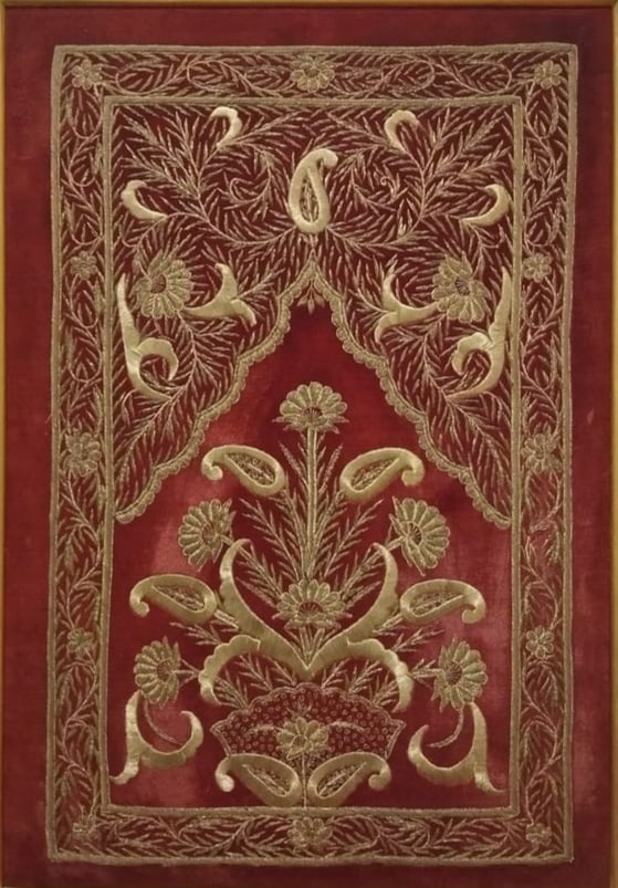 Rare Antique Ottoman Gold Thread Embroidery on Silk Velvet, Tel Kirma Mid 19th Century: Antique Turkish Ottoman Gold Thread Embroidery on Silk Velvet, Tel Kirma with Mehrab design. Frame not included. Mid 19th Century. Size: 90 cms x 60 cms (24 ins x 35.5 ins). FREE PACKING AND SHIPPING