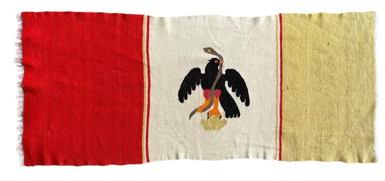Antique Mexican Battle Flag-Military Hand Spun Wool on Hand Spun Cotton, Circa 1830- 1850: Extremely Rare Early Antique Mexican Tri-Colour Battle Flag-Military Ceremonial artefact. Woven pre-battle for the war fought from October 1835 to April 1836 between Mexico and Texas colonists that re