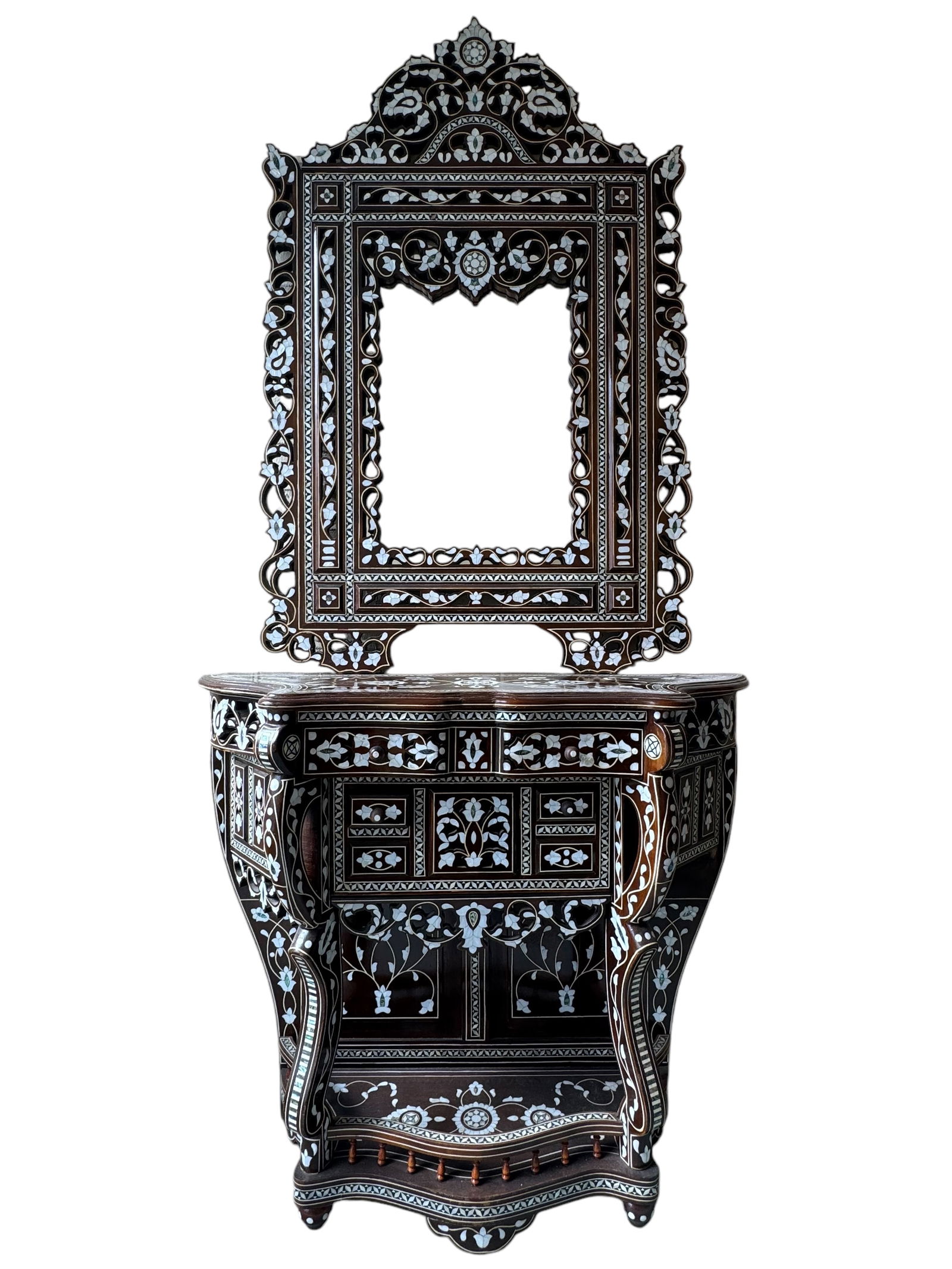 Antique Syrian Damascene Wooden Dresser & Mirror Set, Inlaid Mother of Pearl, Circa 1950 (1 of 8)