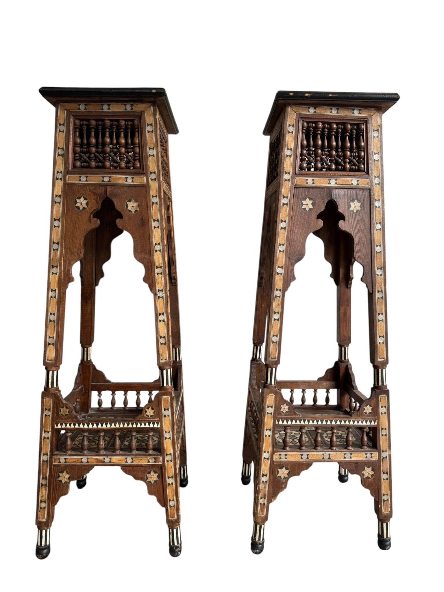 Antique Pair of Syrian Wood Torchère Stands, Inlaid Mother Of Pearl, Circa 1890: Antique Large Pair of Syrian Wood Torchère Stands, inlaid with bone and Mother Of Pearl. Stunning and impressive items. Circa 1890. Size: H 116 cms x D&W 35 cms (H 45.5 ins x D&W 14 ins). TORG AUCTIO