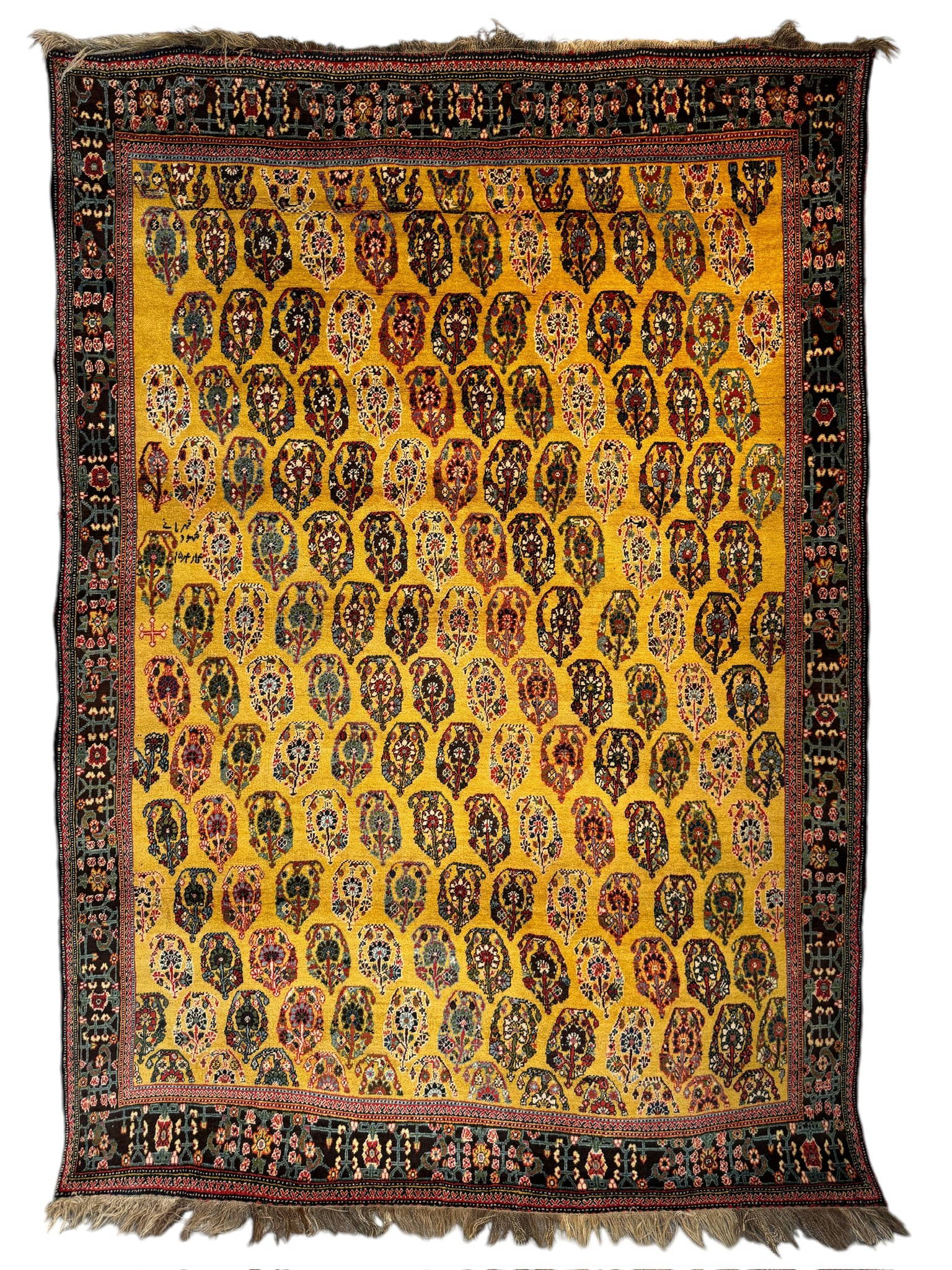 Antique Large Golden Yellow Qashqi Rug Signed By Mahmod Gahramani Dated 14/4/1315
