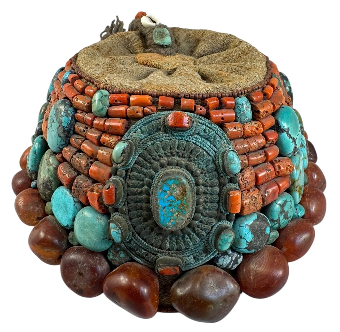 Antique Rare Tibet Ceremonial Beaded Hat, With Decorative Inlaid Front Piece, Circa 1870: Antique Decorative Rare Ceremonial Hat, Tibet. Circa 1870. Set with a decorative metal inlaid front piece and richly adorned with a cowrie shell and various hand-carved beadwork including wooden beads