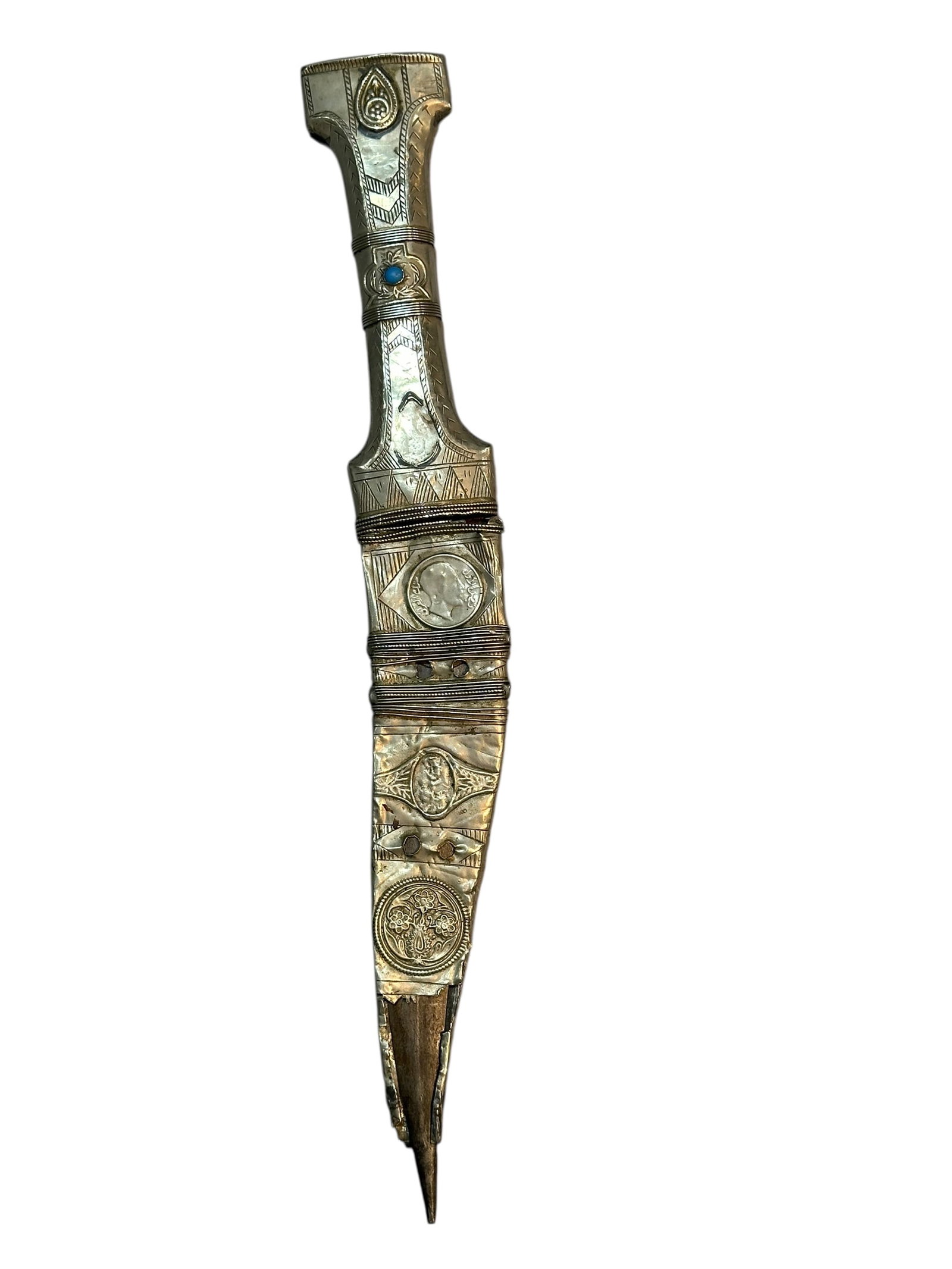Antique Antique Very Rare Antique Silver and metal Iraqi Jewelled Dagger Signed and Dated 1941: Antique Very Rare Antique Silver and metal Iraqi Jewelled Dagger, Highly Detailed Gem Set Scabbard and Handle and Etched Blade - Dated Size: 32cm (12 ins) length. Signed and Dated 1941 with Silver coi