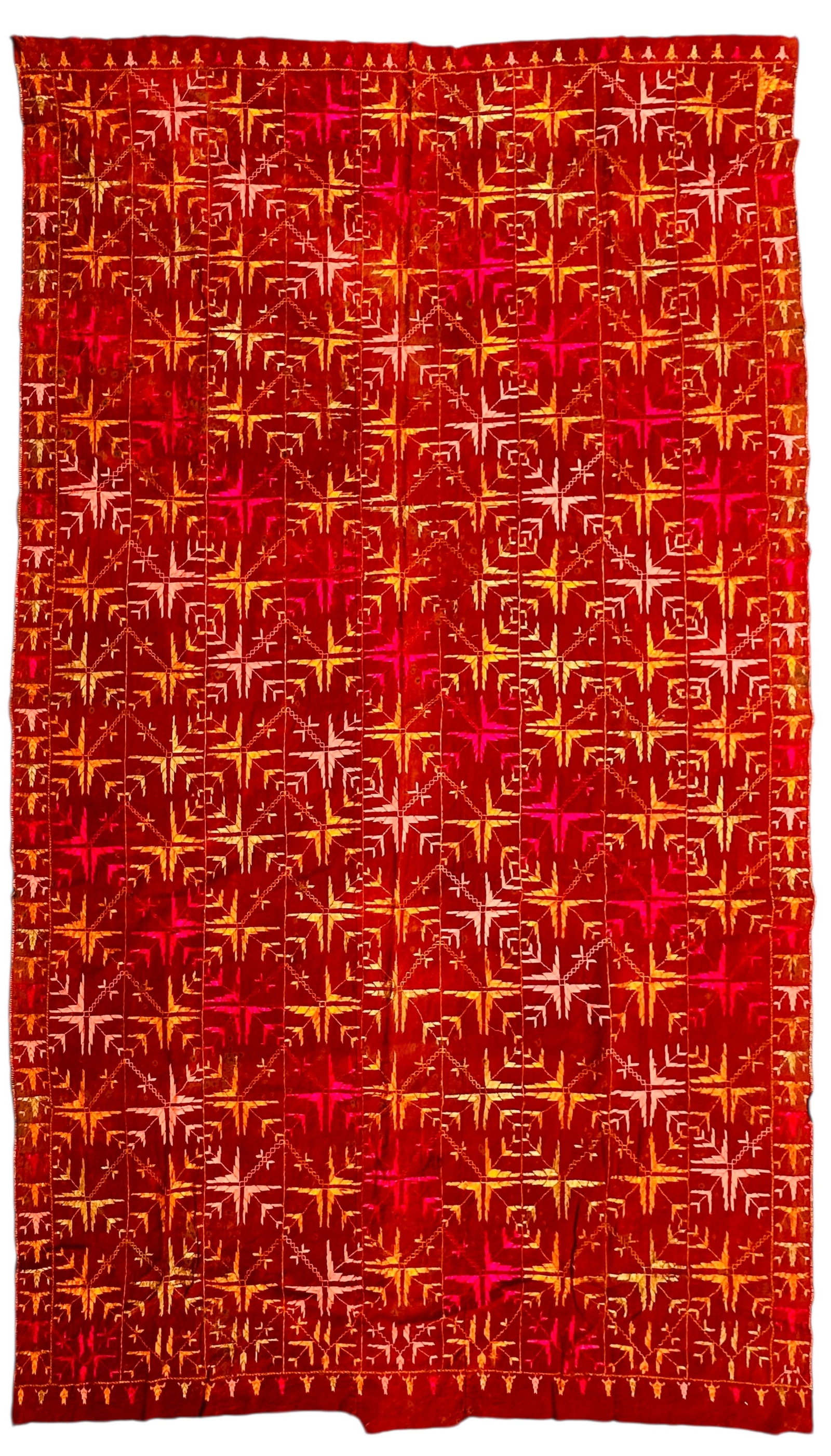 Antique Silk On Cotton Phulkari Punjab Embroidery Shawl Circa 1900: This exquisite shawls is a true masterpiece of art from the Punjab region. The intricate and delicate embroidery is done with floss-silk on handwoven cotton, creating a stunning visual display of vibr