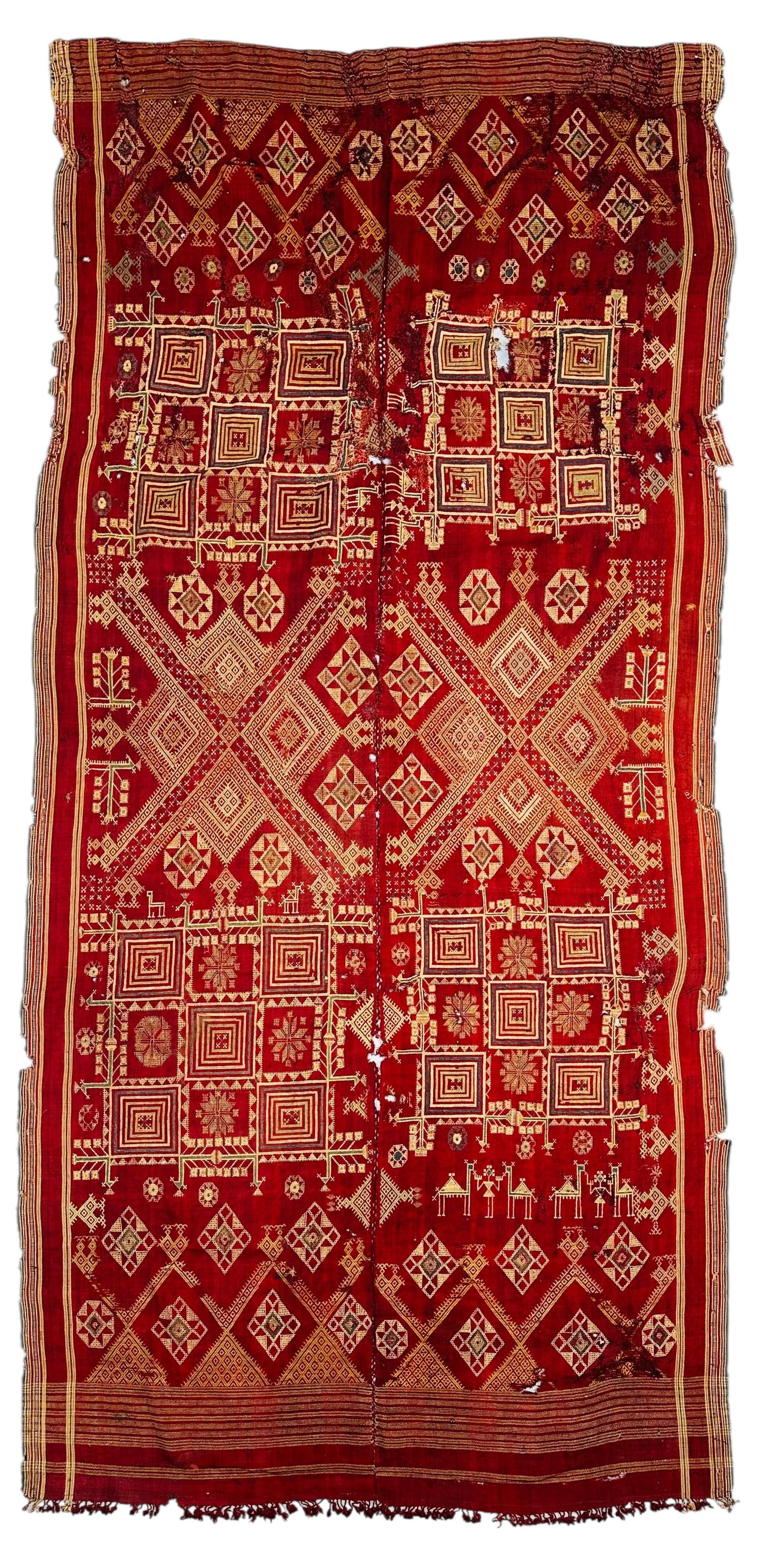 Antique Rare Wedding Shawl In Red Wool With Jat Cotton Embroidery Circa 1880: Antique Rare Wedding Shawl In Red Wool With Jat Cotton Embroidery Circa 1880. Shekawati district, Rajasthan). Size: 233 cm x 109 cm (92ins x 43 ins). Similar Textile Museum of Canada has examples of J