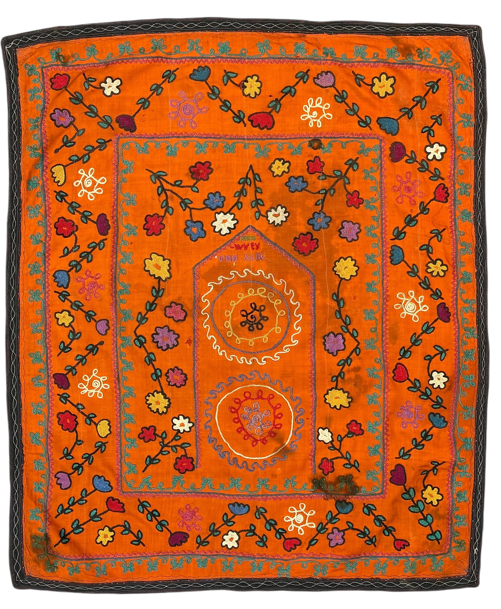 Vintage Silk On Cotton Suzani Embroidery Signed and Dated 1974: Vintage Silk On Cotton Suzani Embroidery Signed and Dated 1974. Size: 88 cmd x 74 cmd (34 ins x 25 ins). TORG AUCTIONS offers bespoke packing and international and domestic shipping logistics for sold