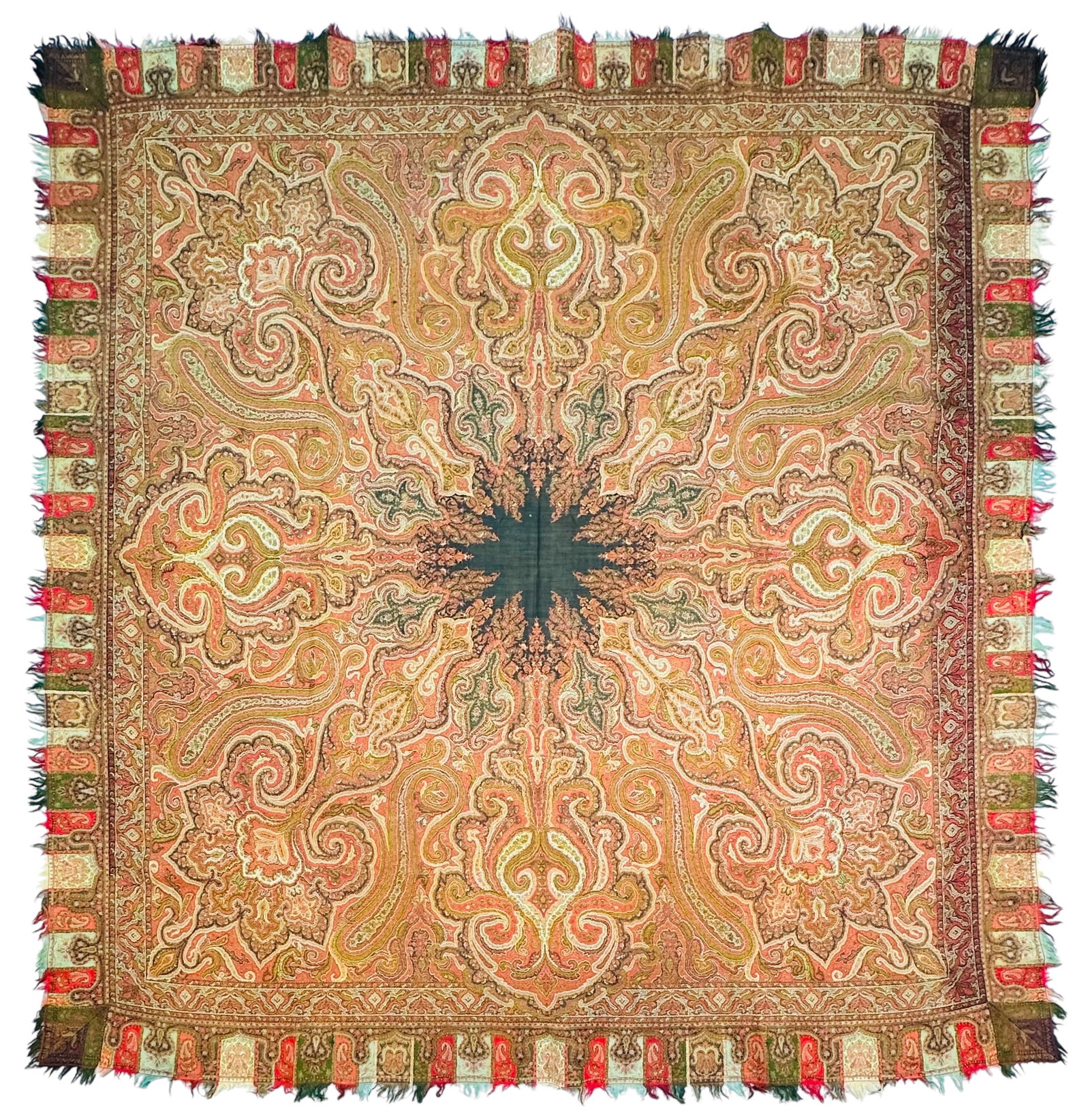 Antique Victorian Paisley Kashmiri Shawl - Fine Weave Wool On Wool Circa 1850: Antique Victorian Paisley Kashmiri Shawl - Fine Weave Wool On Wool Circa 1850. Size: 184 cms x 172 cms (72 ins x 67 ins). TORG AUCTIONS offers bespoke packing and international and domestic shipping l