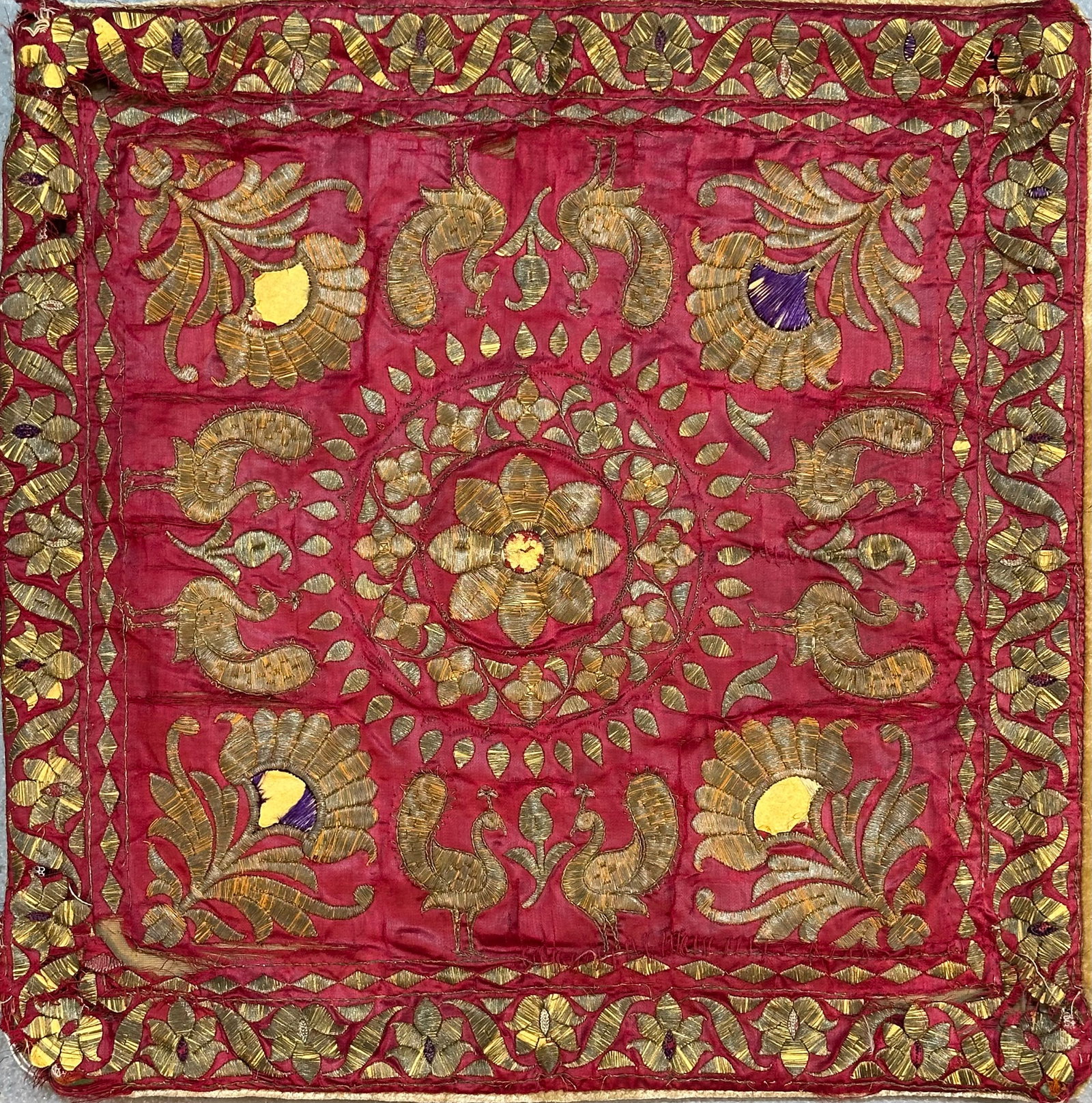 Early Indian Silk and Metal Thread Embroidery Cushion Cover Circa 1870 (1 of 4)