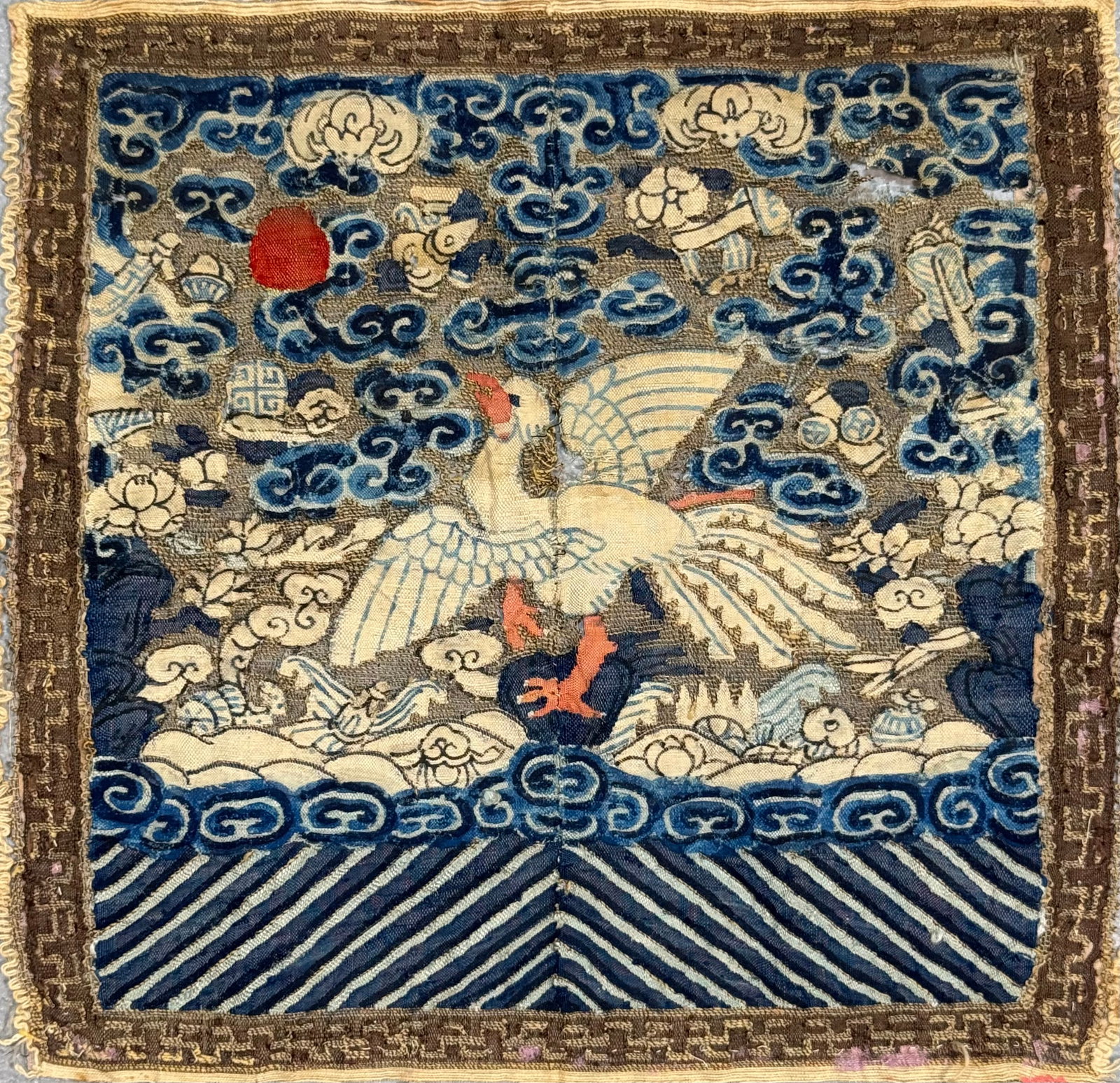 Extremely Fine Antique Chinese Rank Badges Silk and Metal Thread On Cotton Circa 1870: Extremely Fine Antique Chinese Rank Badges known as a mandarin square or buzi. Silk and Metal Thread On Cotton Circa 1870. These were large, embroidered or woven badges sewn onto the surcoats of offic