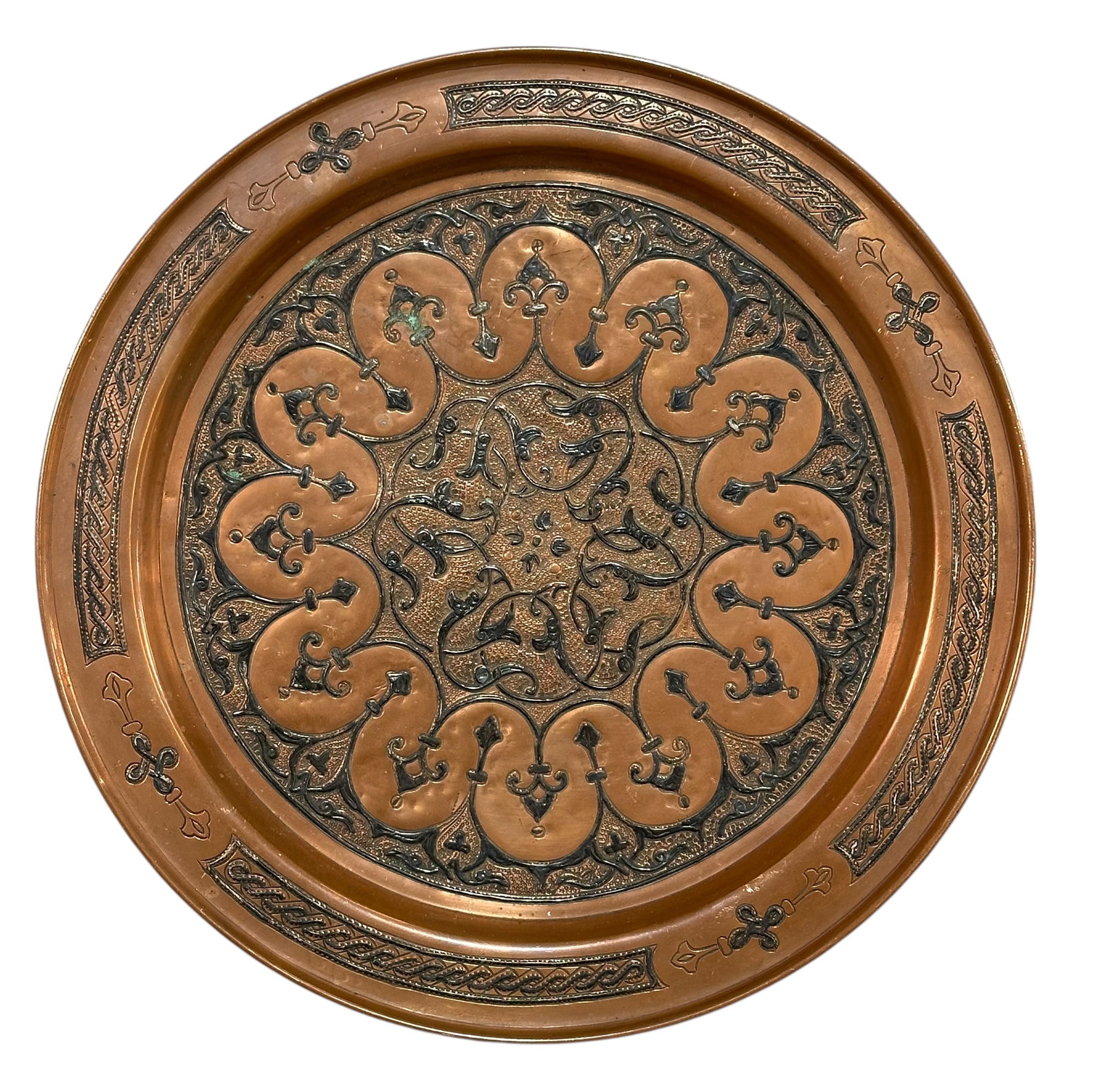 Fine Antique Syrian Copper Plat Inlaid With Silver Circa 1900: Fine Antique Syrian Copper Plat Inlaid With Silver Circa 1900. Size: 34 cms x 34 cms (13 ins x 13 ins). TORG AUCTIONS offers bespoke packing and international and domestic shipping logistics for sold 