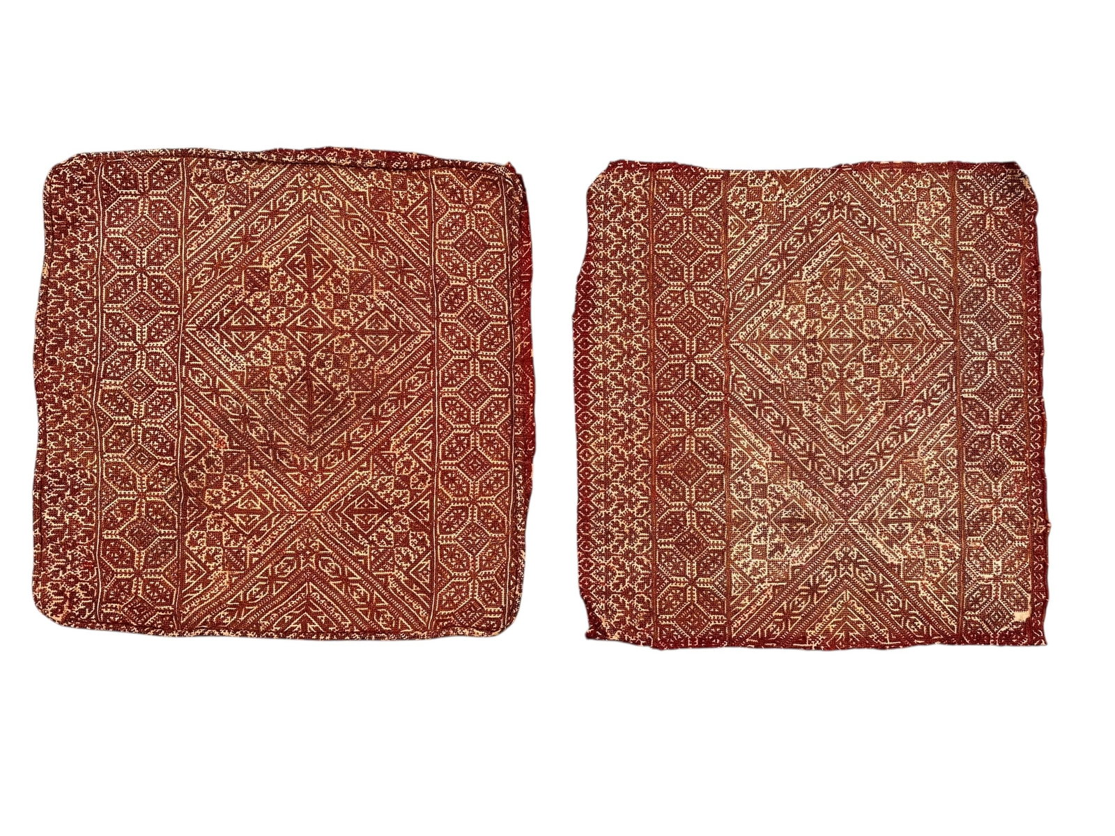 Pair of Antique Silk Red Fez Embroidery Moroccan Urban Embroideries Fragment Circa 1900: Pair Of Antique Silk Red Fez Embroidery Moroccan Urban Embroideries Fragment Circa 1900Size 46 cms x 46 cms (18 ins x 18 ins). TORG AUCTIONS offers bespoke packing and international and domestic shipp