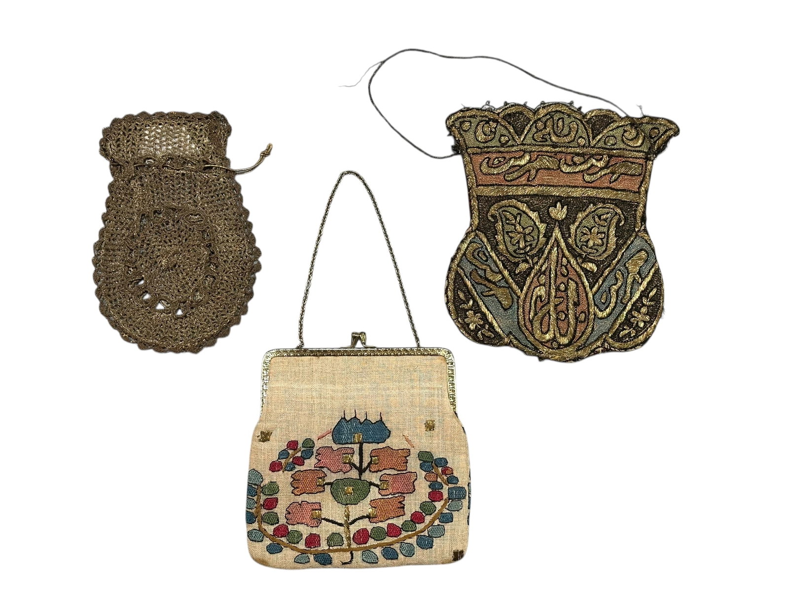Three Antique Ottoman Embroidered Handbag Metal Thread & Silk On Cotton Circa 1900: Three Antique Ottoman Embroidered Handbag Metal Thread & Silk On Cotton Circa 1900. Size 20 cms x 13 cms (8 ins x 5 ins) Size 21 cms x 18 cms (8 ins x 7 ins). Size 17 cms x 17 cms (6 ins x 6 ins). TOR