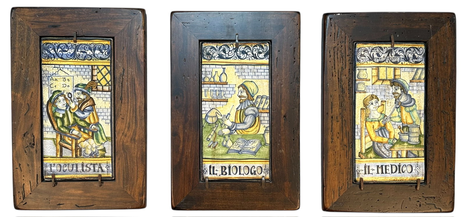 Three Antique Hand Painted Italian Tile Deruta M.O.D Maioliche Deruta Il Medico Dr Joseph Palazola: Three Antique Hand Painted Italian Tile Deruta M.O.D, Maioliche Originali Deruta “Il Medico, Dr. Joseph Palazola” (Dr. Joseph Palazola). Size of each item: 39.5 cms x 26 cms (15.5 ins x 10 ins