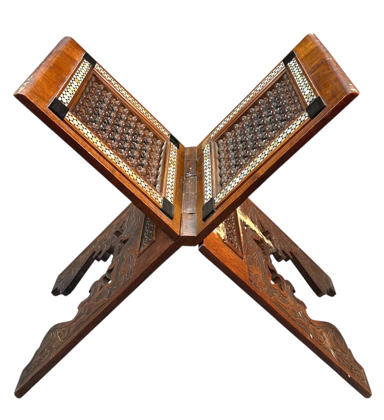 Antique Middle East Quran Stand Book Rest Ornately Pierced and Carved Folds Flat Circa 1890: Antique Middle East Quran Stand Book Rest Ornately Pierced and Carved Folds Flat. Inlaid with mother of pearl. Circa 1890 Size 84 cm x 52 cm (20 ins x 33 ins), TORG AUCTIONS offers bespoke packing and