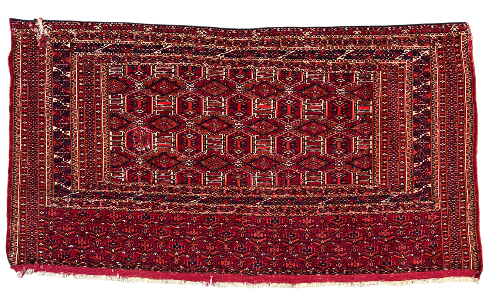 Very Fine Antique Turkmen Tekke Juval-Chuval, Wool on a Wool Foundation with Silk Wefts, Circa 1880: Very Fine Antique Turkmen Tekke Juval - Chuval. Wool on a Wool Foundation with Silk Wefts. Circa 1880. Note: few old repairs - see images. Please note: Few old repairs. see images. Size: 123 cms x 70 