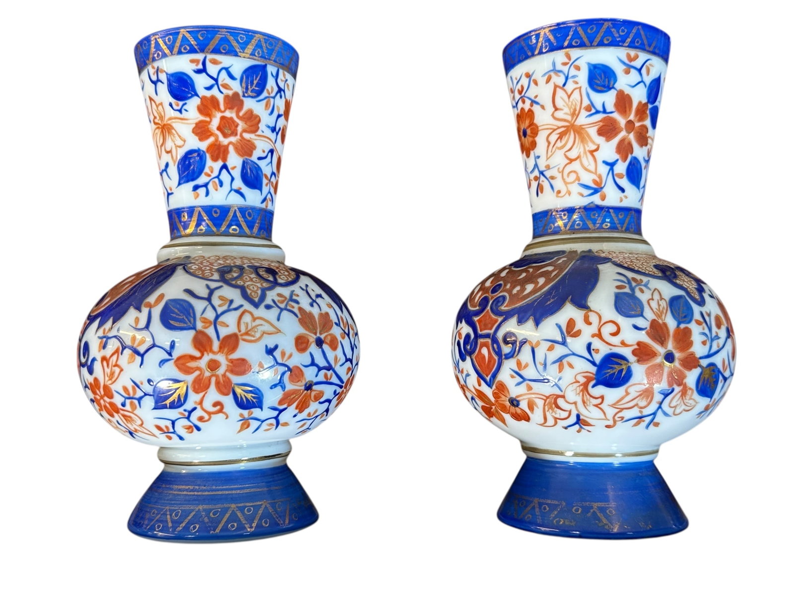 Pair Of Antique Hand Painted Opaline Glass Vases, Guardian Angels Circa 1880: Pair Of Antique Hand Painted Opaline Glass Vases, Guardian Angels Circa 1880. Size: 19 cms x 10 cms (7.5 ins x 4 ins). TORG AUCTIONS offers bespoke packing and international and domestic shipping logi