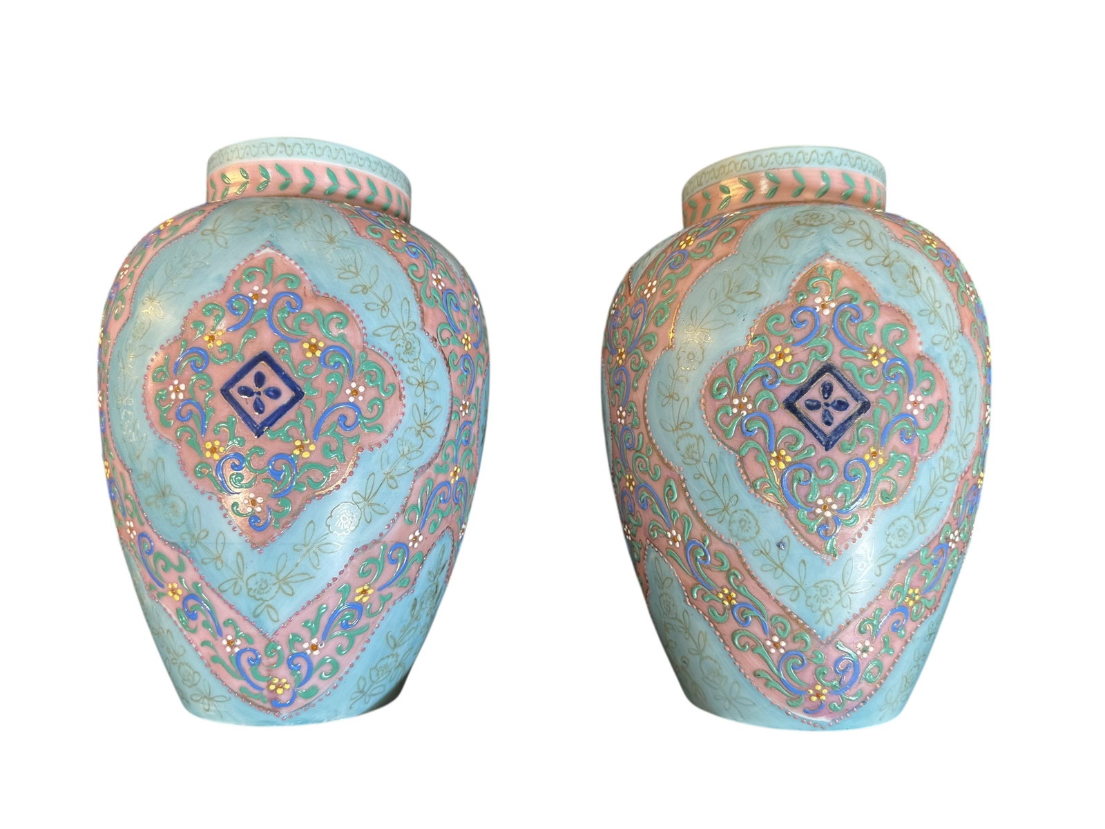 Pair Of Antique Hand Painted Opaline Glass Vases, Guardian Angels Circa 1880: Pair Of Antique Hand Painted Opaline Glass Vases, Guardian Angels Circa 1880. Size: 19 cms x 14 cms (7.5 ins x 5.5 ins). TORG AUCTIONS offers bespoke packing and international and domestic shipping lo