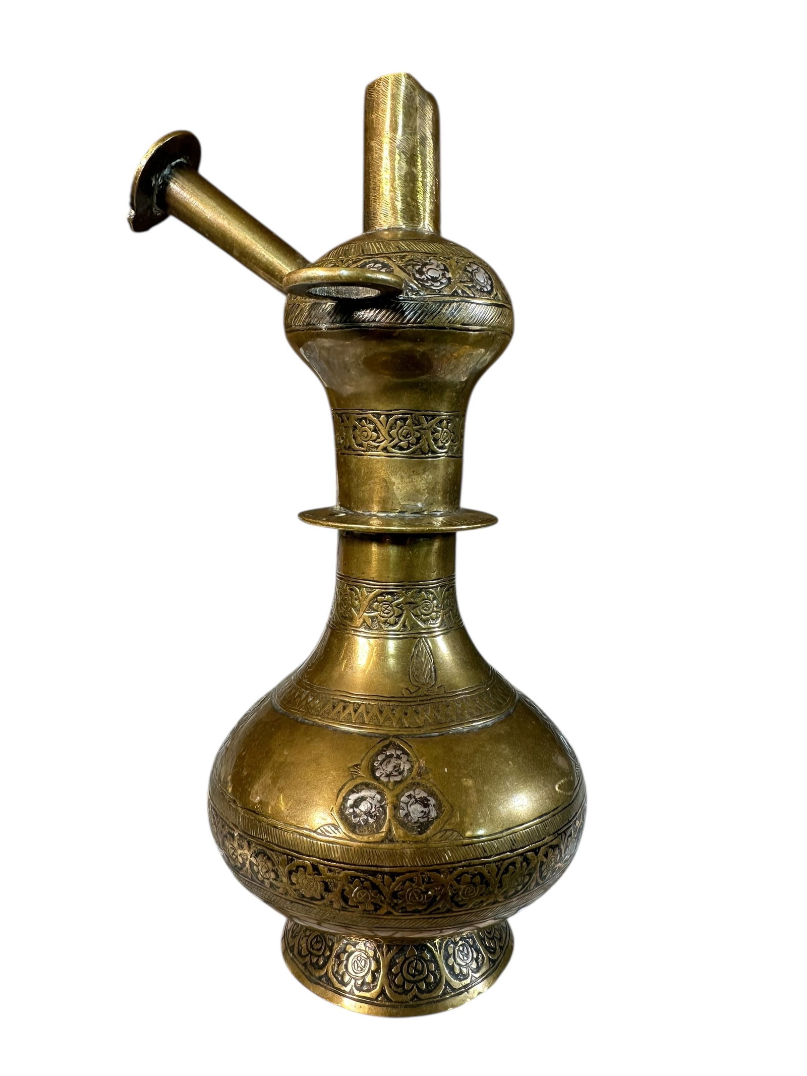 Antique Ottoman Turkish Shisha Hooka Brass With Silver Inlaid Midd 19th Century: Antique Ottoman Turkish Shisha Hooka Brass With Silver Inlaid Midd 19th Century. Size: 19 cms x 12 cms (13 ins x 13 ins) 16 cms x 7 cms (6 ins x 2 ins). TORG AUCTIONS offers bespoke packing and intern