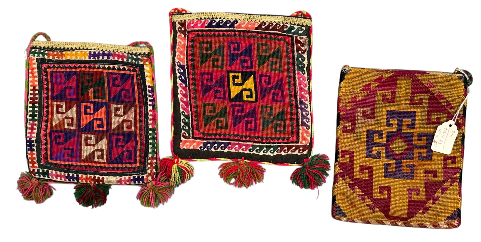 Three Antique Uzbek Lakai Tribe Silk Embroidery Bags Circa 1900 and Earlier: Three Antique Uzbek Lakai Tribe Silk Embroidery Bags Circa 1900 and Earlie. Approximate Size for Each: 17 cm x 13 cm (7 ins x 5 ins). TORG AUCTIONS offers bespoke packing and international and domesti