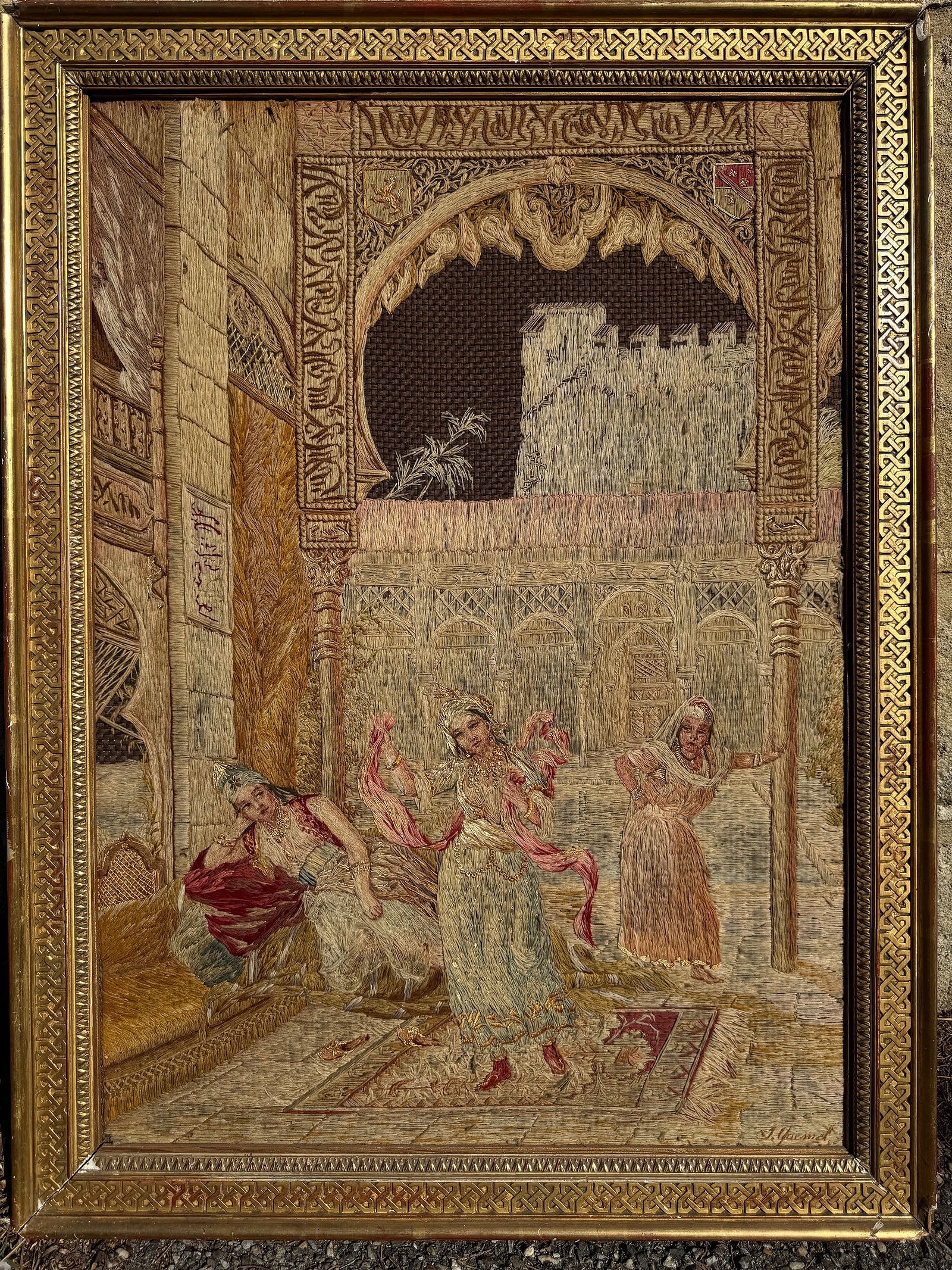 Fine Antique French Silk Embroidery Wall Hanging Depicting The Alhambra, Circa 1880: Extremely Fine Antique Decorative French Silk Embroidery Wall Hanging depicting the Alhambra, with detailed costumed figures portrayed in a Middle Eastern or North African setting, set within architec