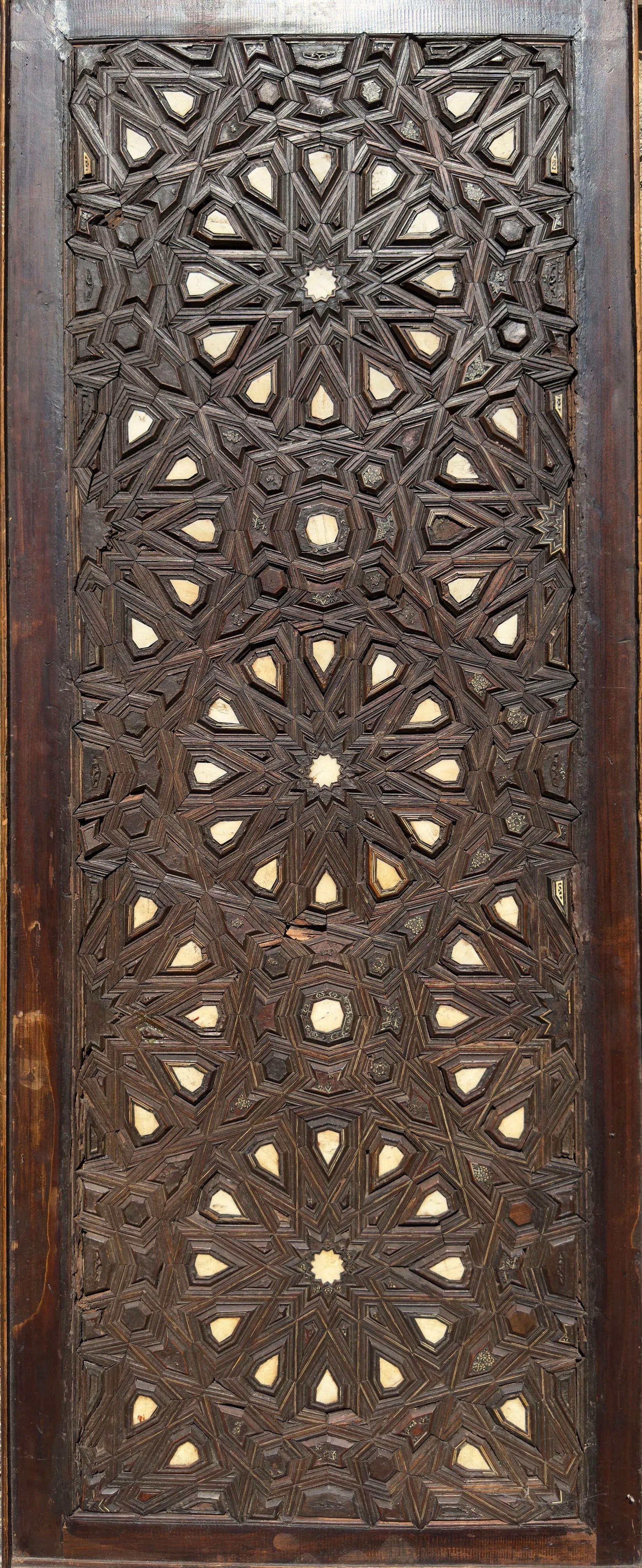 Extremely Rare Early Wooden Mamluk Syrian | Egyptian Door Panel, 14th Century: Extremely Rare Early Wooden Mamluk Syrian or Egyptian Door Panel. 14th Century. Mamluk designs on door panels are renowned for their intricate geometric patterns, skilled woodwork, and inlays of contr